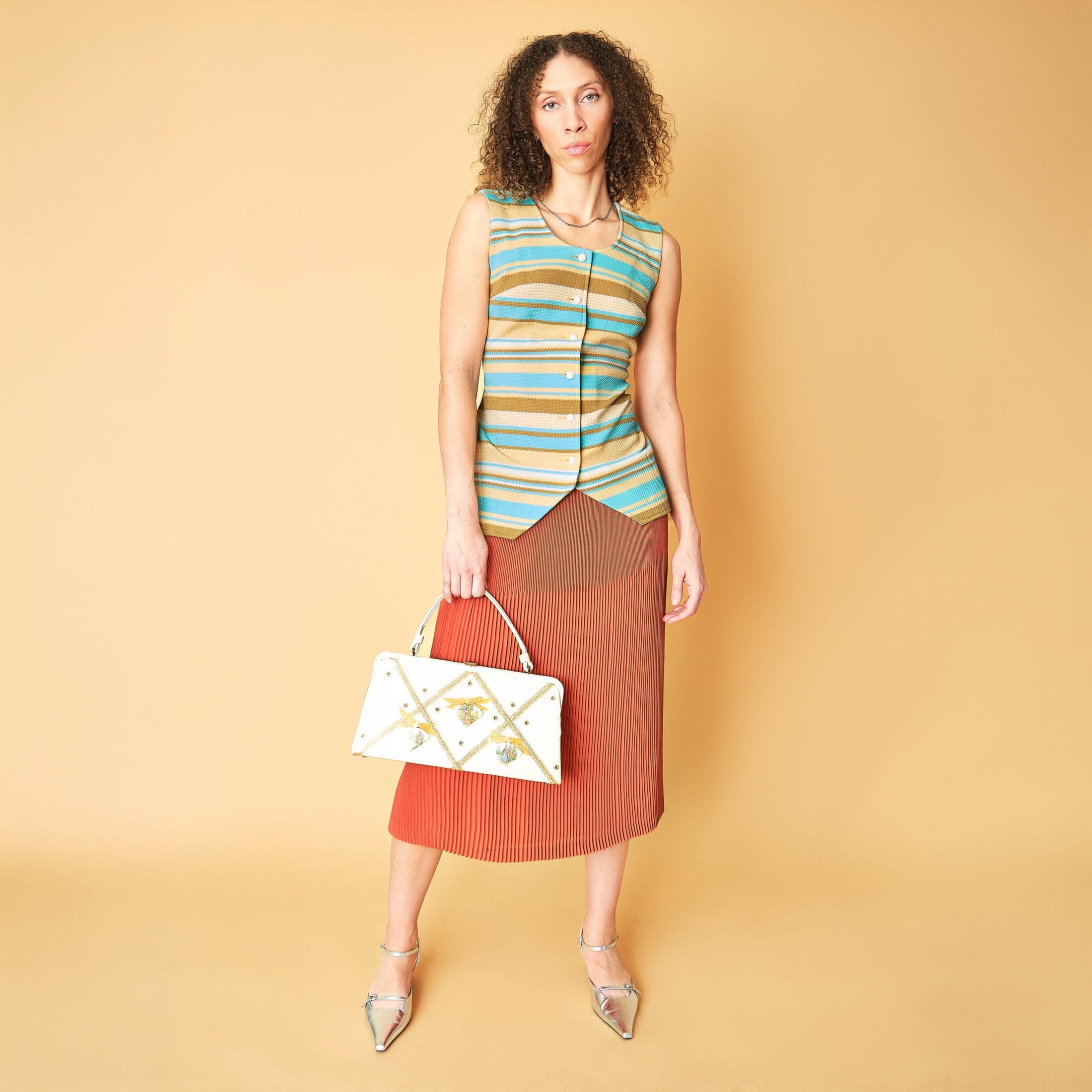 1980s Chaque-Fois by Glanna Coral Orange Pleated Midi Skirt, Size 14 - Image 2