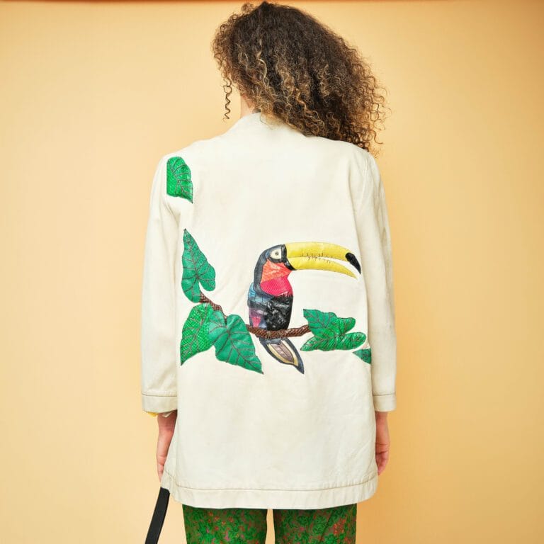 1980s Andrea Pfister x Anne Chandy Cream Leather Toucan Appliqué Jacket