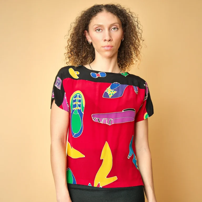 1980s Silk Scapes Hand Painted Silk Shoe Print Top, Petite