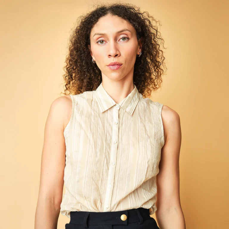 Vintage Tommy Bahama Beige Cotton Silk Sleeveless Button-Front Blouse, Medium