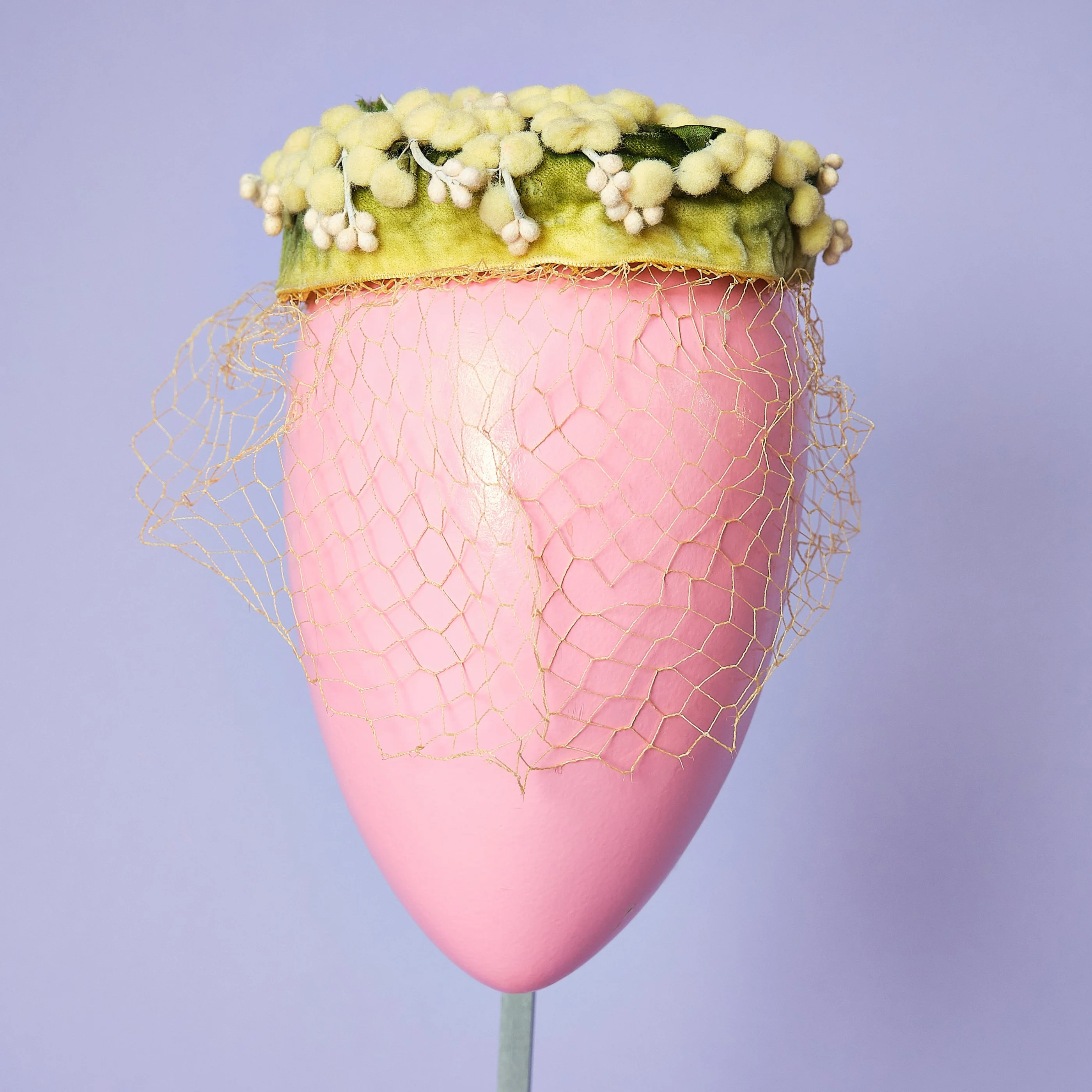 Late 1950s/Early 1960s Yellow 3D Floral Velvet Cocktail Hat with Veil - Image 3