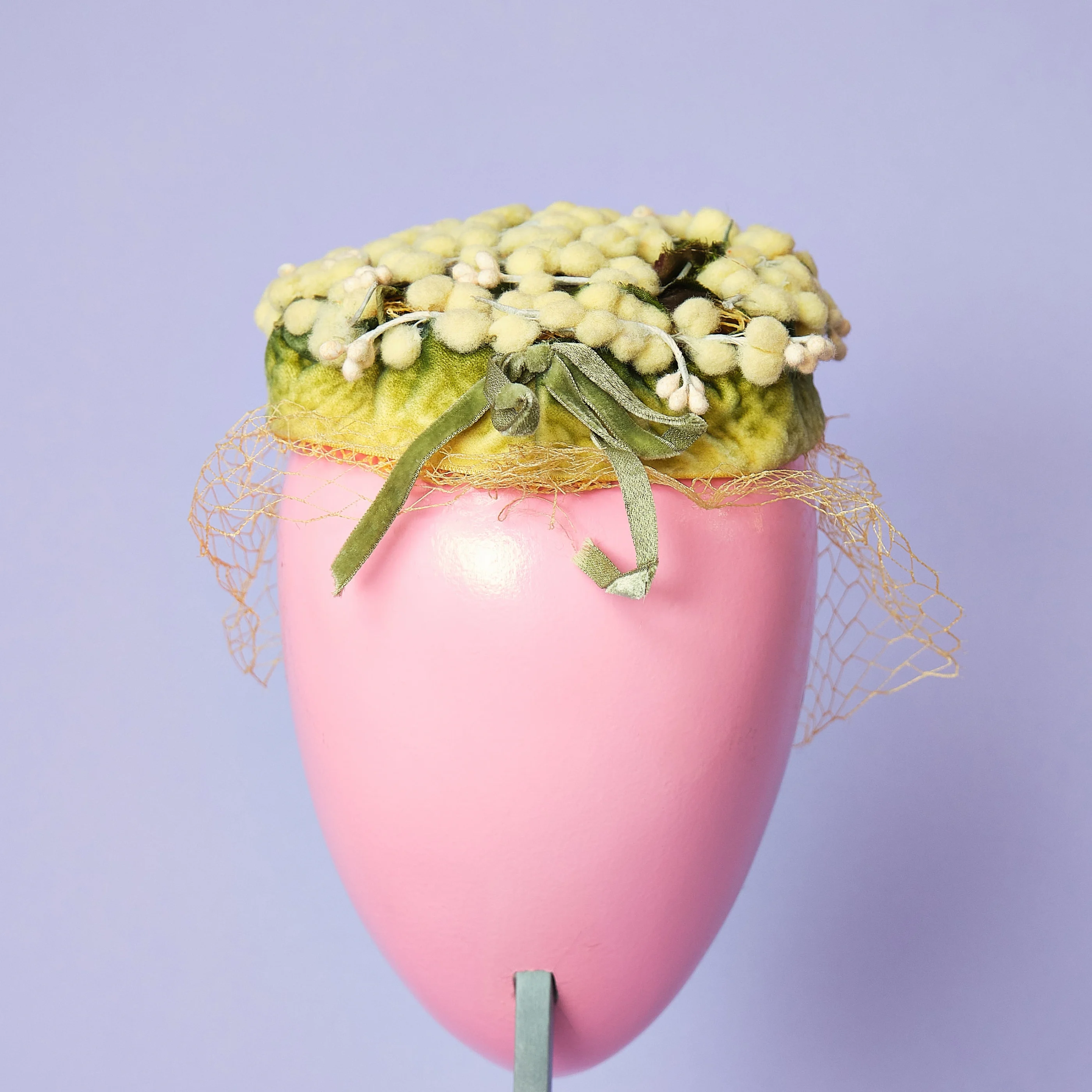 Late 1950s/Early 1960s Yellow 3D Floral Velvet Cocktail Hat with Veil