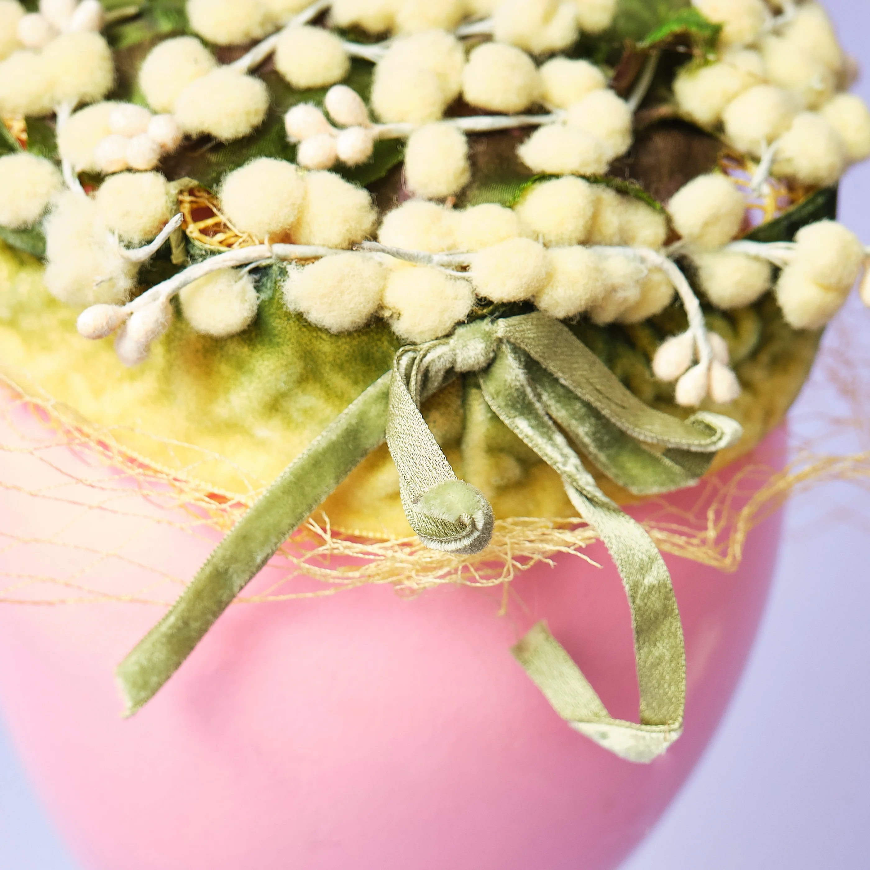 Late 1950s/Early 1960s Yellow 3D Floral Velvet Cocktail Hat with Veil - Image 5