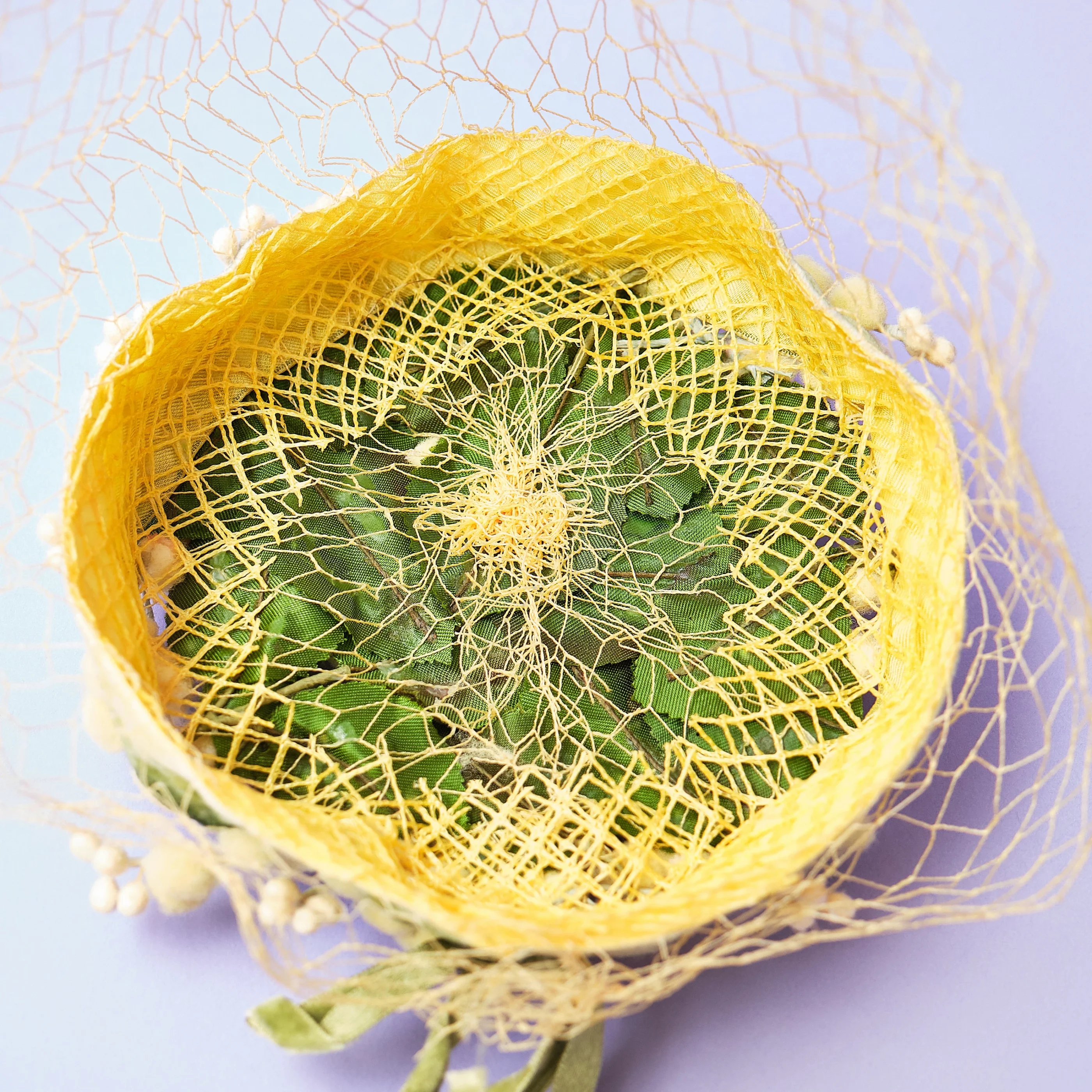 Late 1950s/Early 1960s Yellow 3D Floral Velvet Cocktail Hat with Veil - Image 6