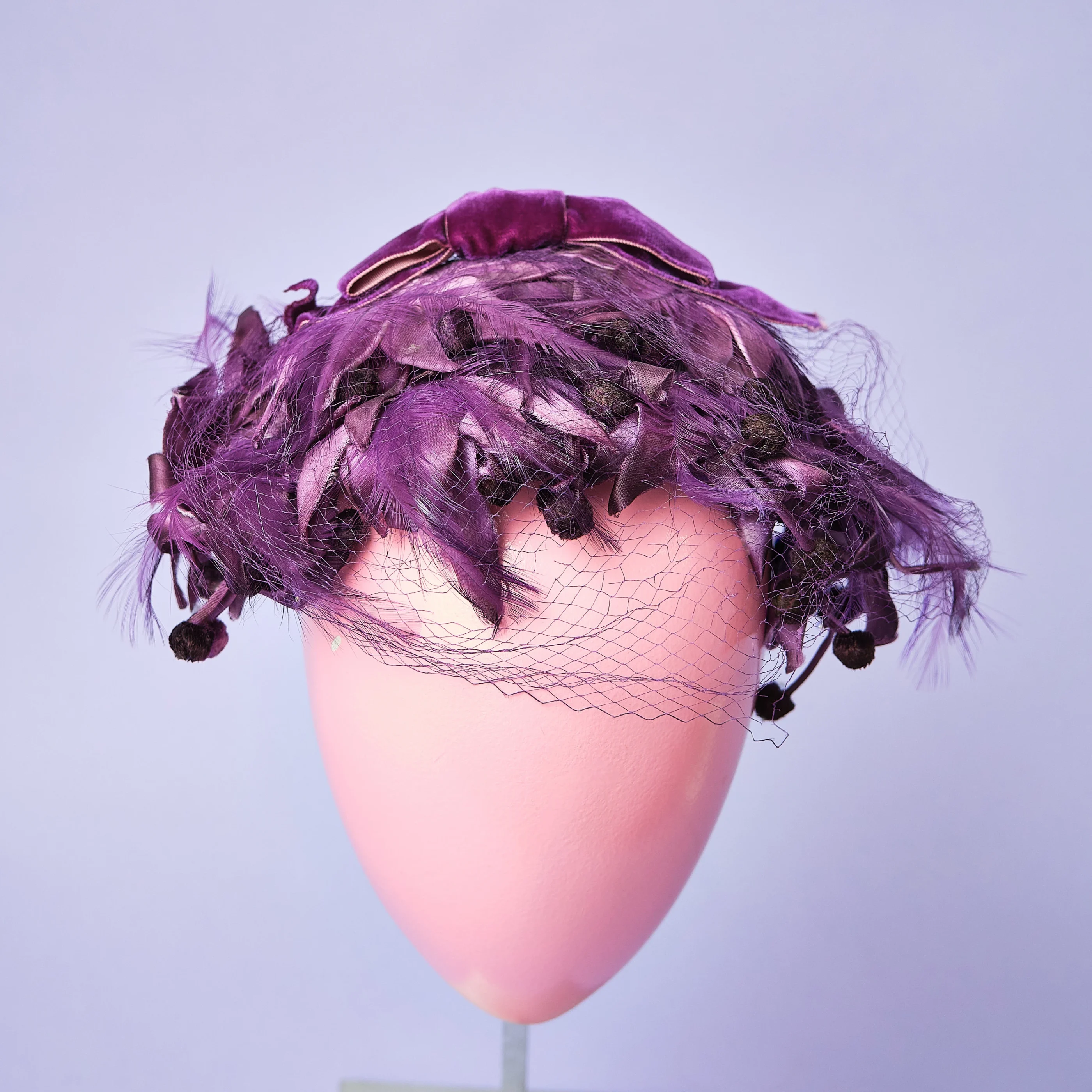 1950s/60s Purple Crushed Velvet Feather Cocktail Hat with Veil