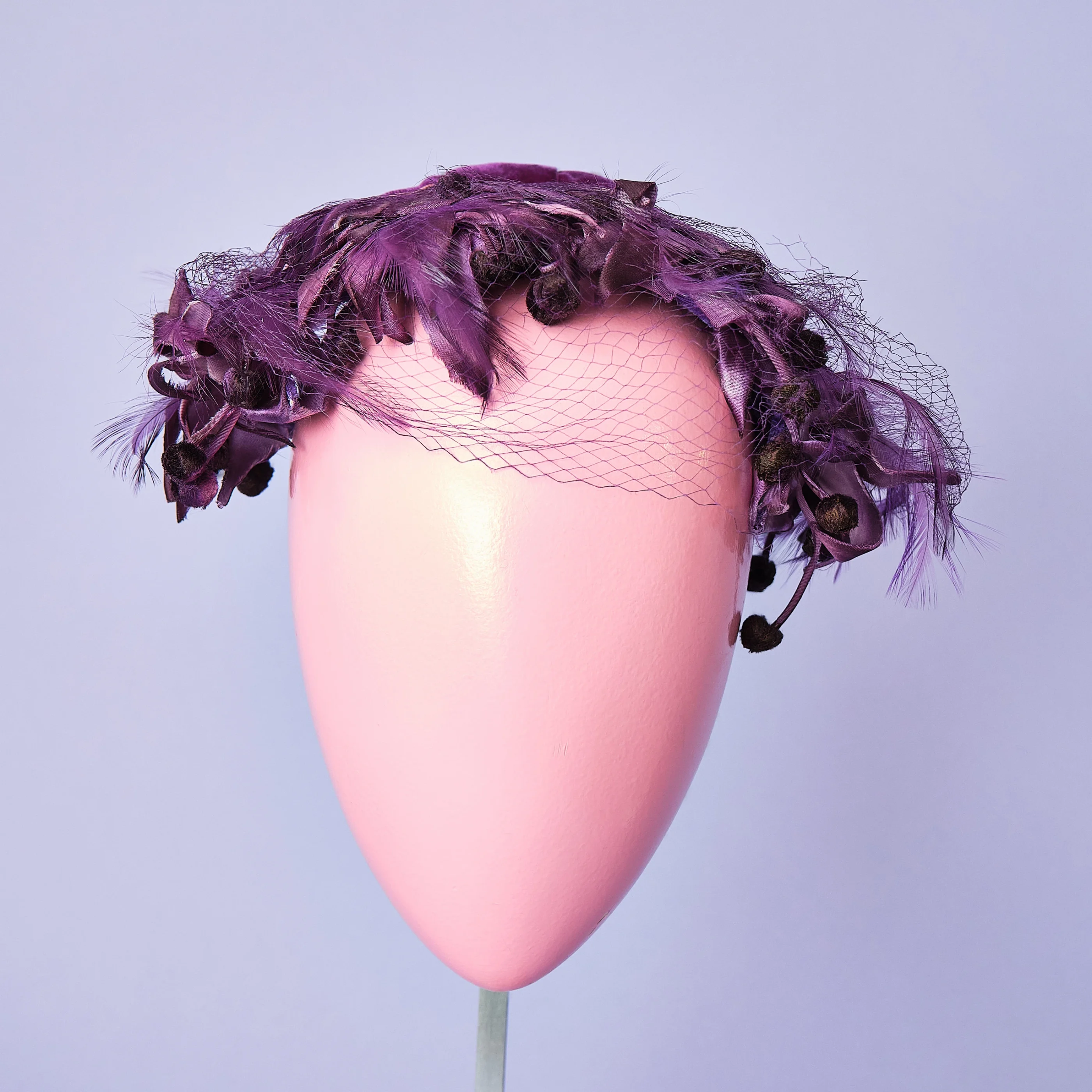 1950s/60s Purple Crushed Velvet Feather Cocktail Hat with Veil - Image 8