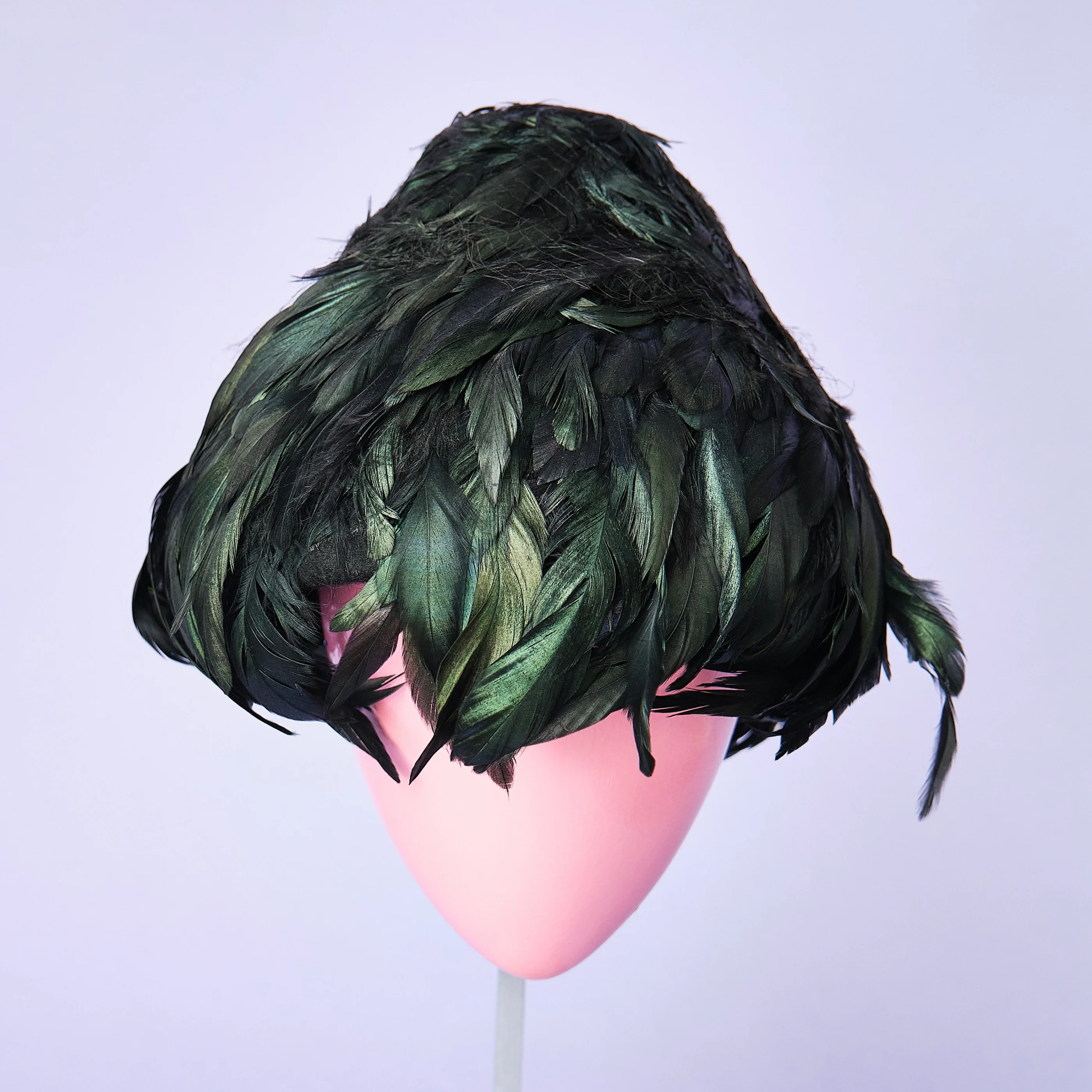 1950s/60s Mr. Jules Black Iridescent Feather Hat with Netting - Image 2