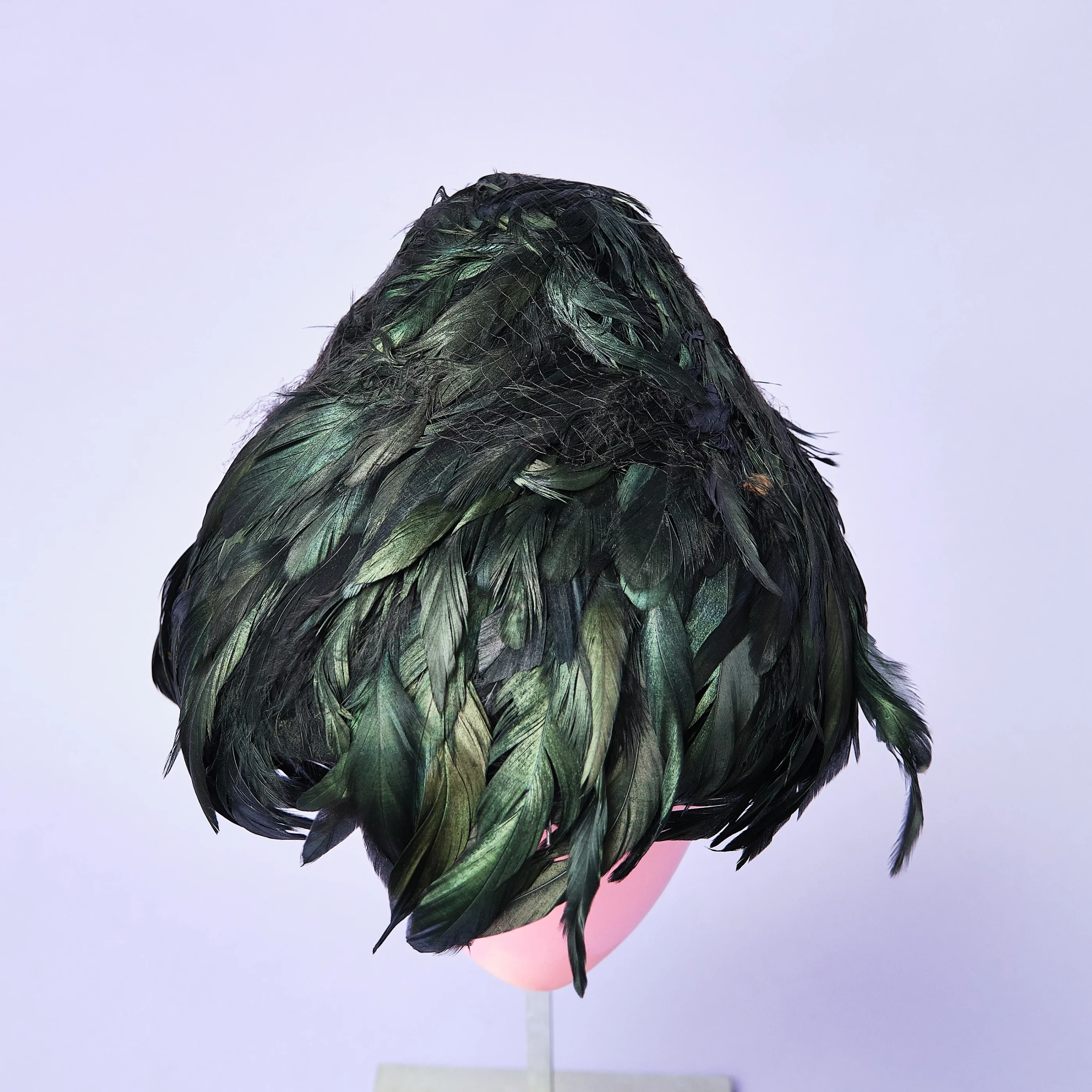1950s/60s Mr. Jules Black Iridescent Feather Hat with Netting - Image 3