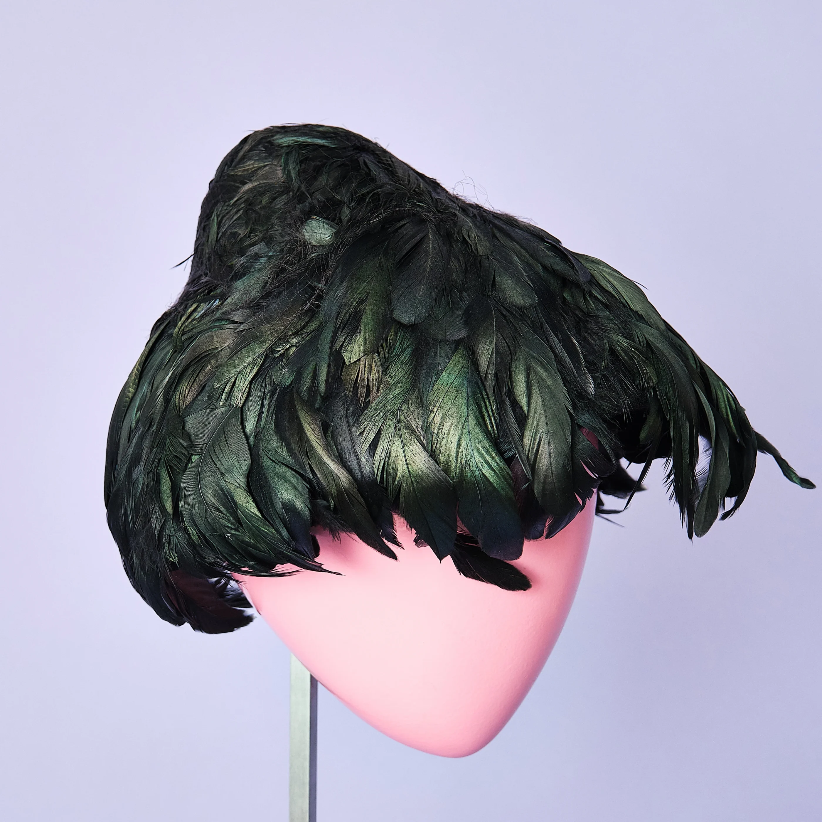 1950s/60s Mr. Jules Black Iridescent Feather Hat with Netting - Image 4
