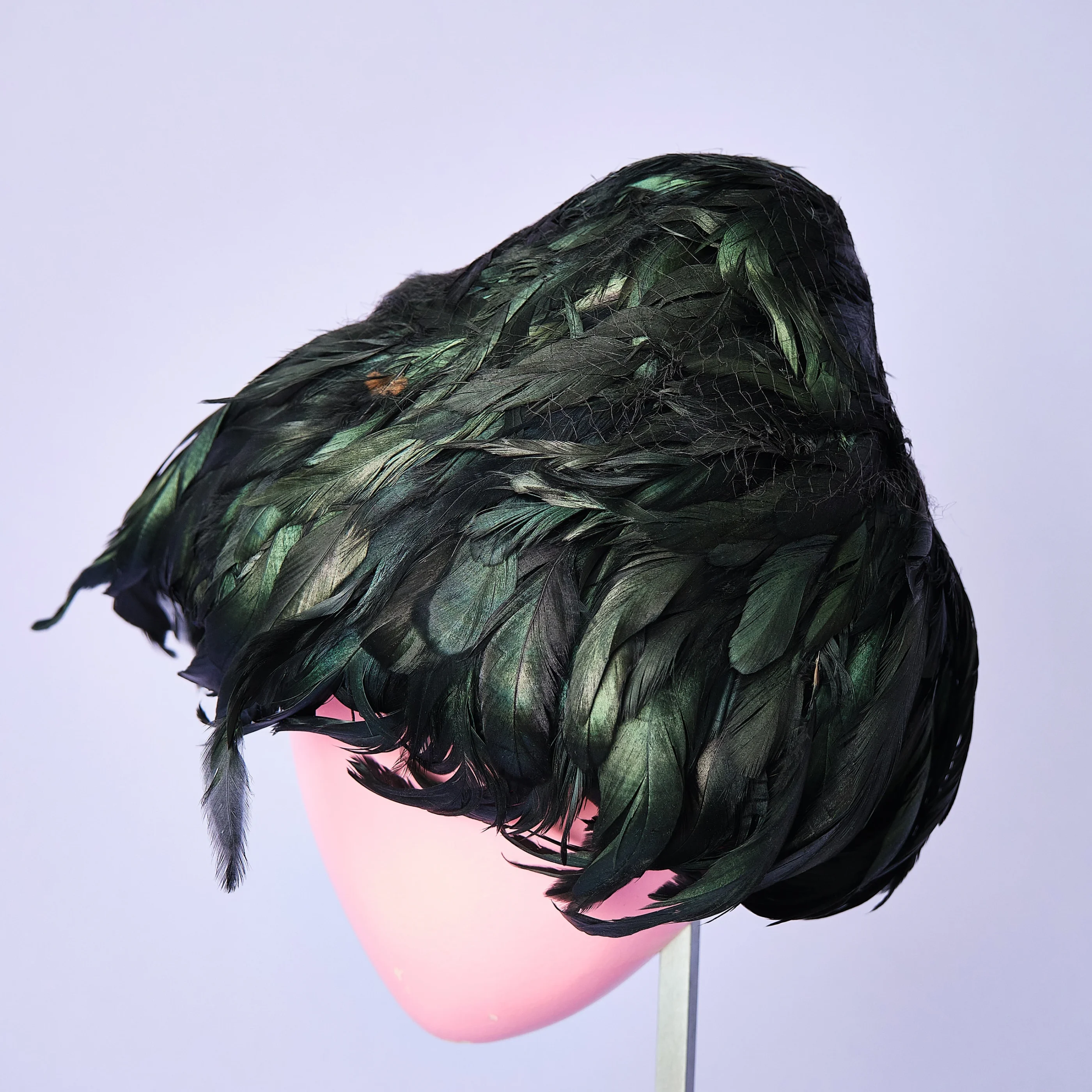 1950s/60s Mr. Jules Black Iridescent Feather Hat with Netting - Image 6
