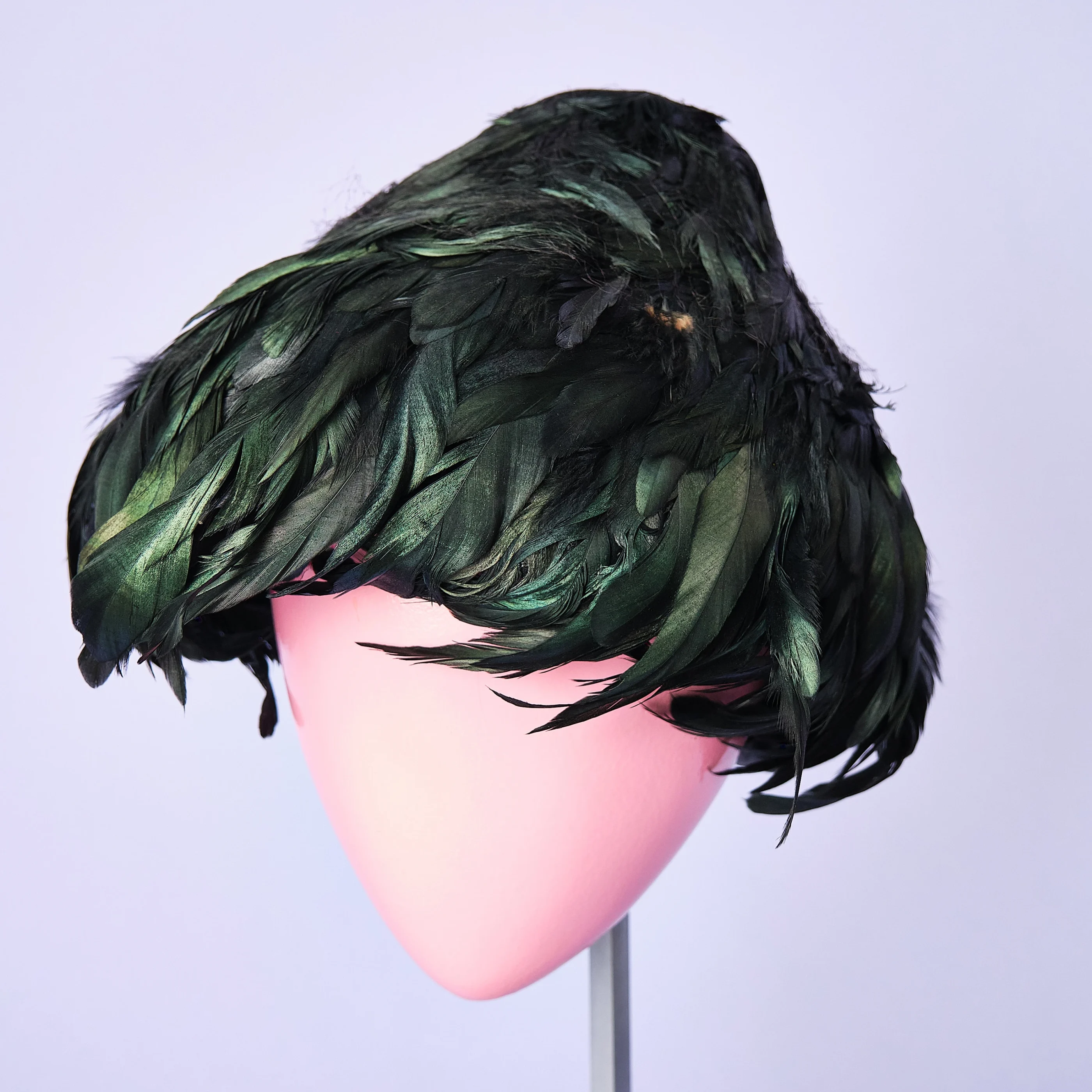 1950s/60s Mr. Jules Black Iridescent Feather Hat with Netting - Image 7