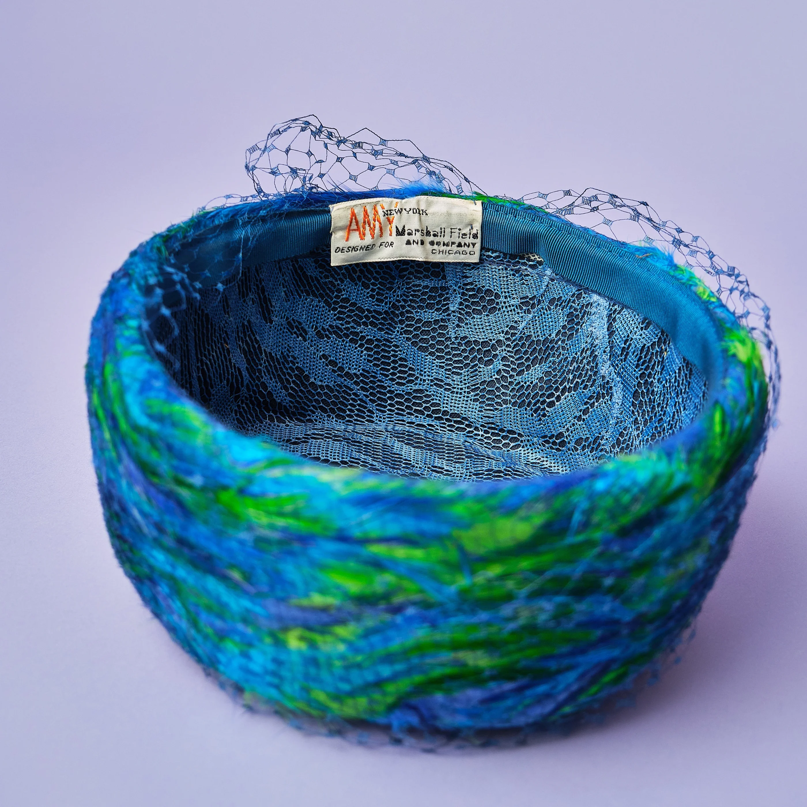 1960s AMY New York Blue Green Feather Hat for Marshall Field - Image 7