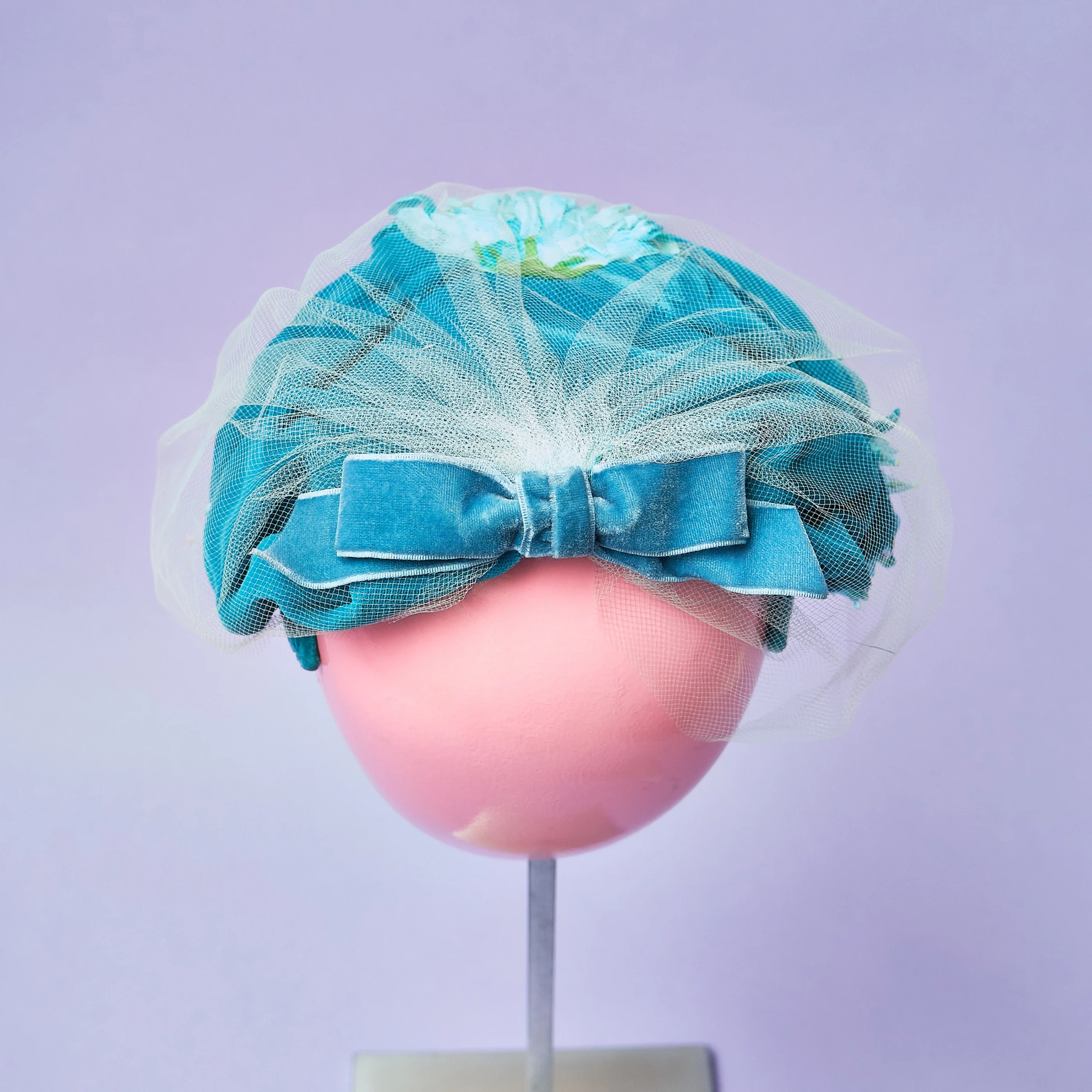 1960s Teal Silk Crushed Velvet Floral Cocktail Hat with Veil - Image 6