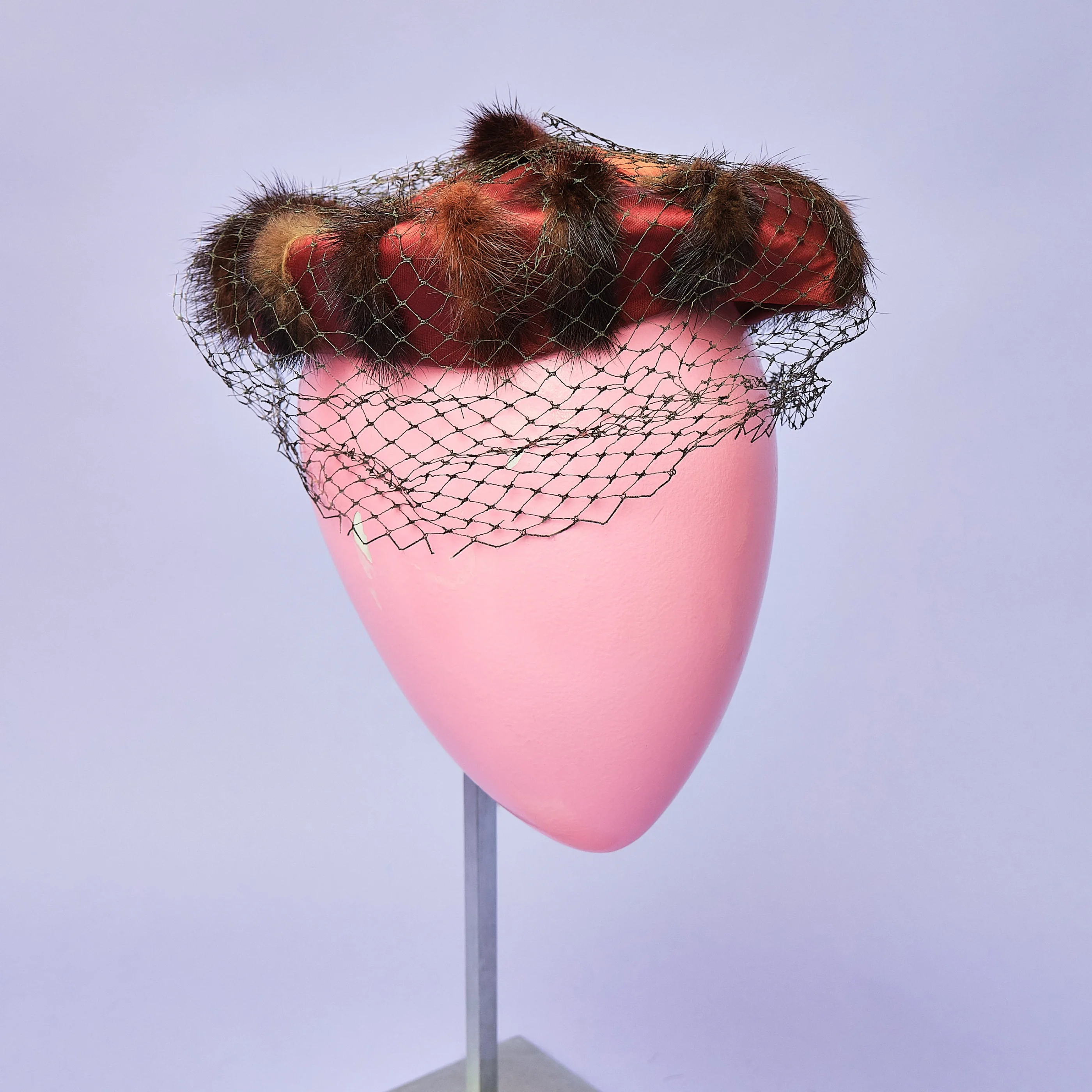 1950s/60s Rust Satin Mink-Trimmed Halo Cocktail Hat with Veil - Image 9