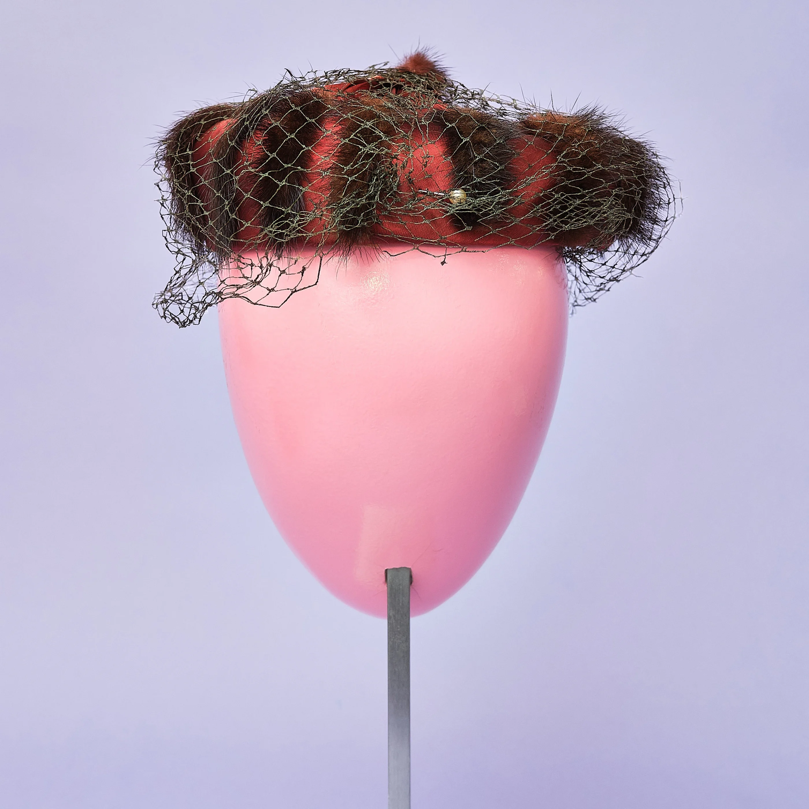 1950s/60s Rust Satin Mink-Trimmed Halo Cocktail Hat with Veil - Image 8
