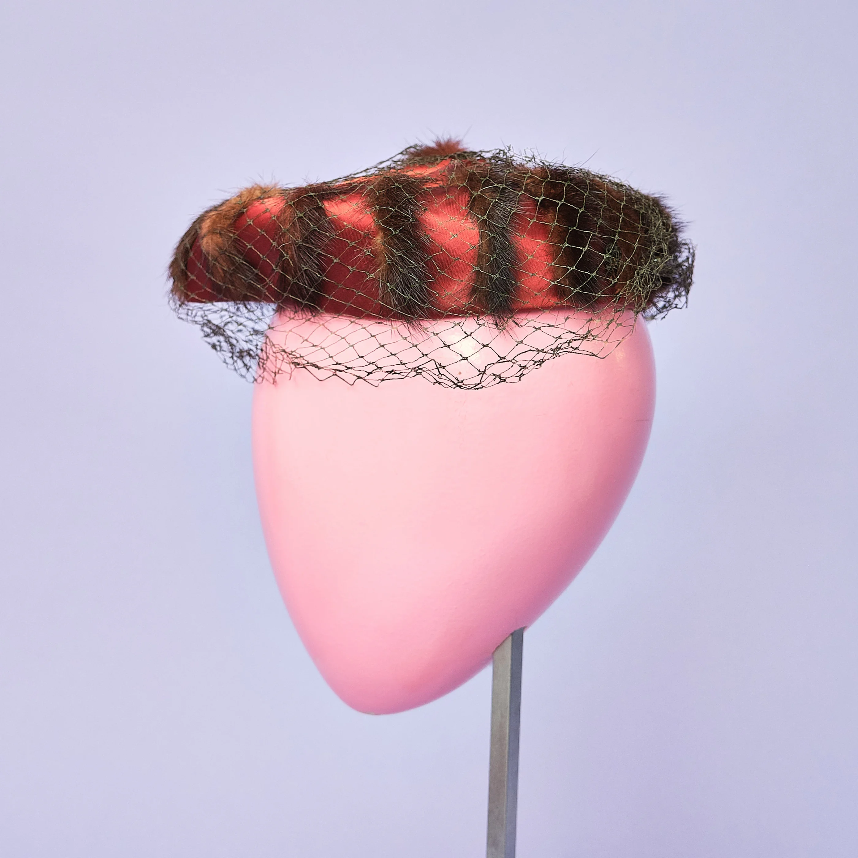 1950s/60s Rust Satin Mink-Trimmed Halo Cocktail Hat with Veil - Image 6