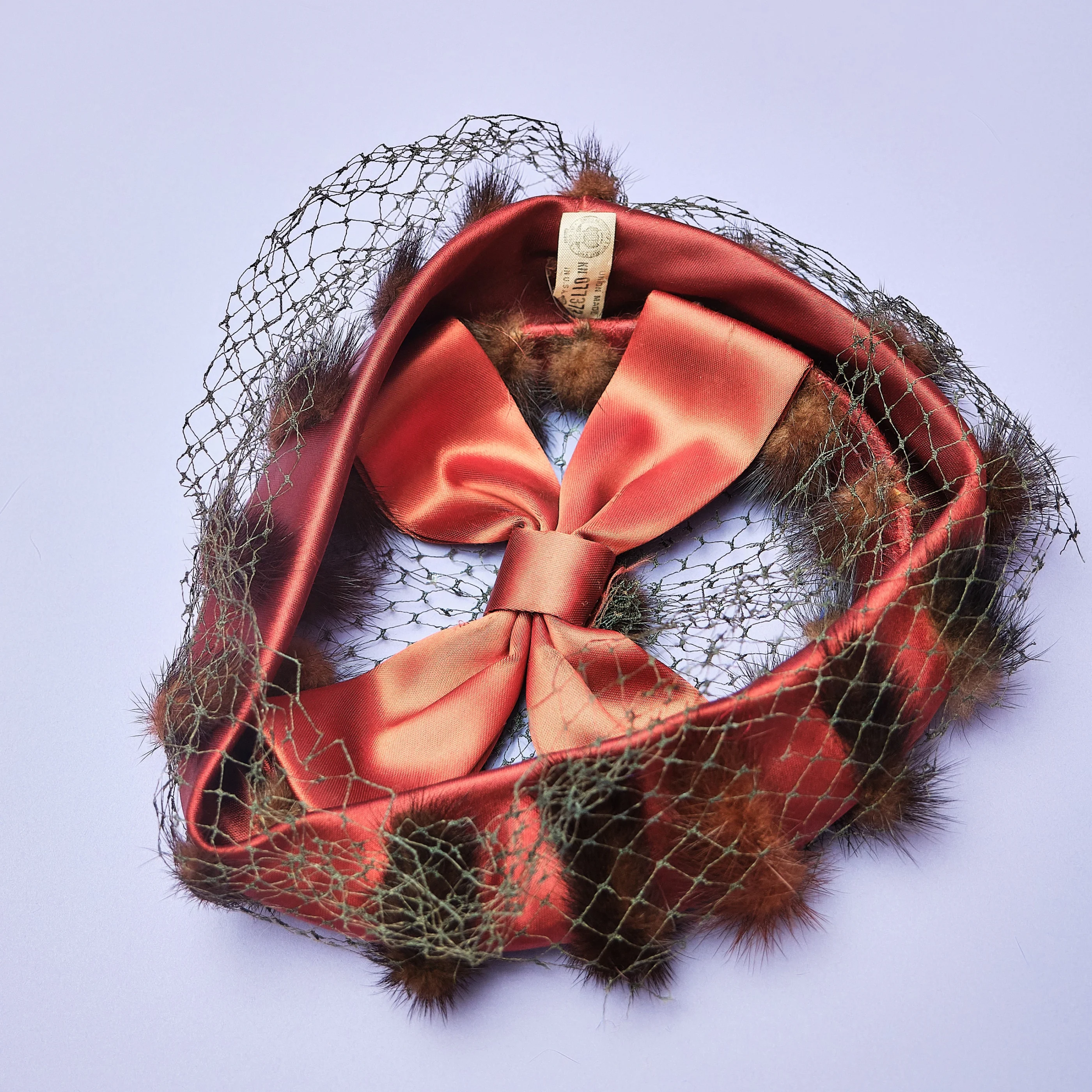 1950s/60s Rust Satin Mink-Trimmed Halo Cocktail Hat with Veil - Image 3
