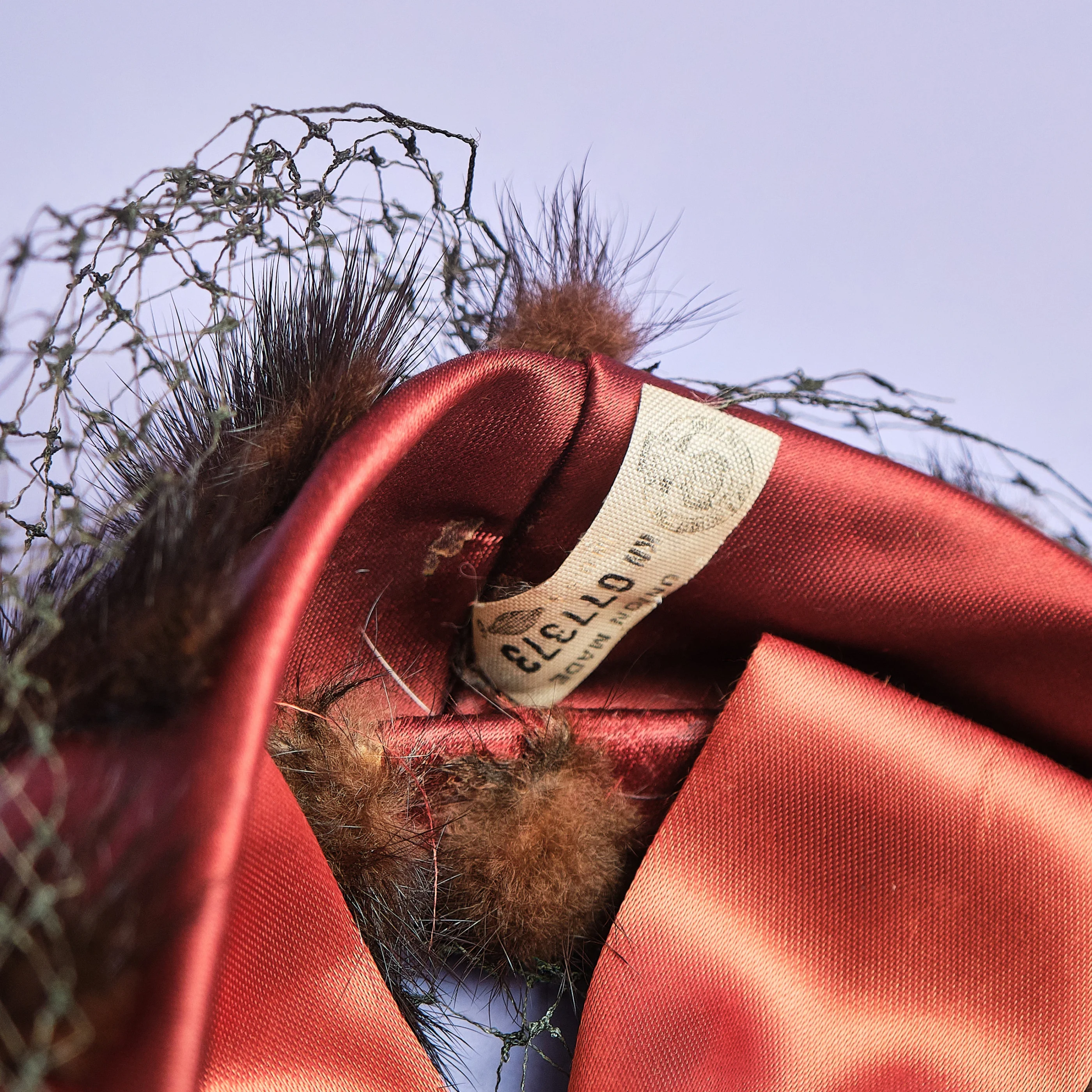 1950s/60s Rust Satin Mink-Trimmed Halo Cocktail Hat with Veil - Image 2