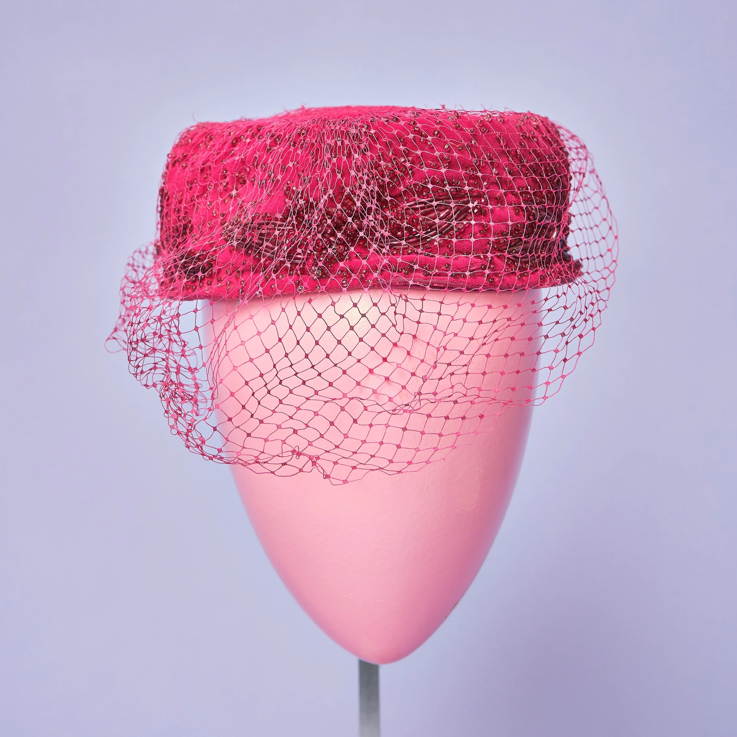 1960s Fuchsia Crushed Silk Velvet Glass-Beaded Pillbox Hat with Veil