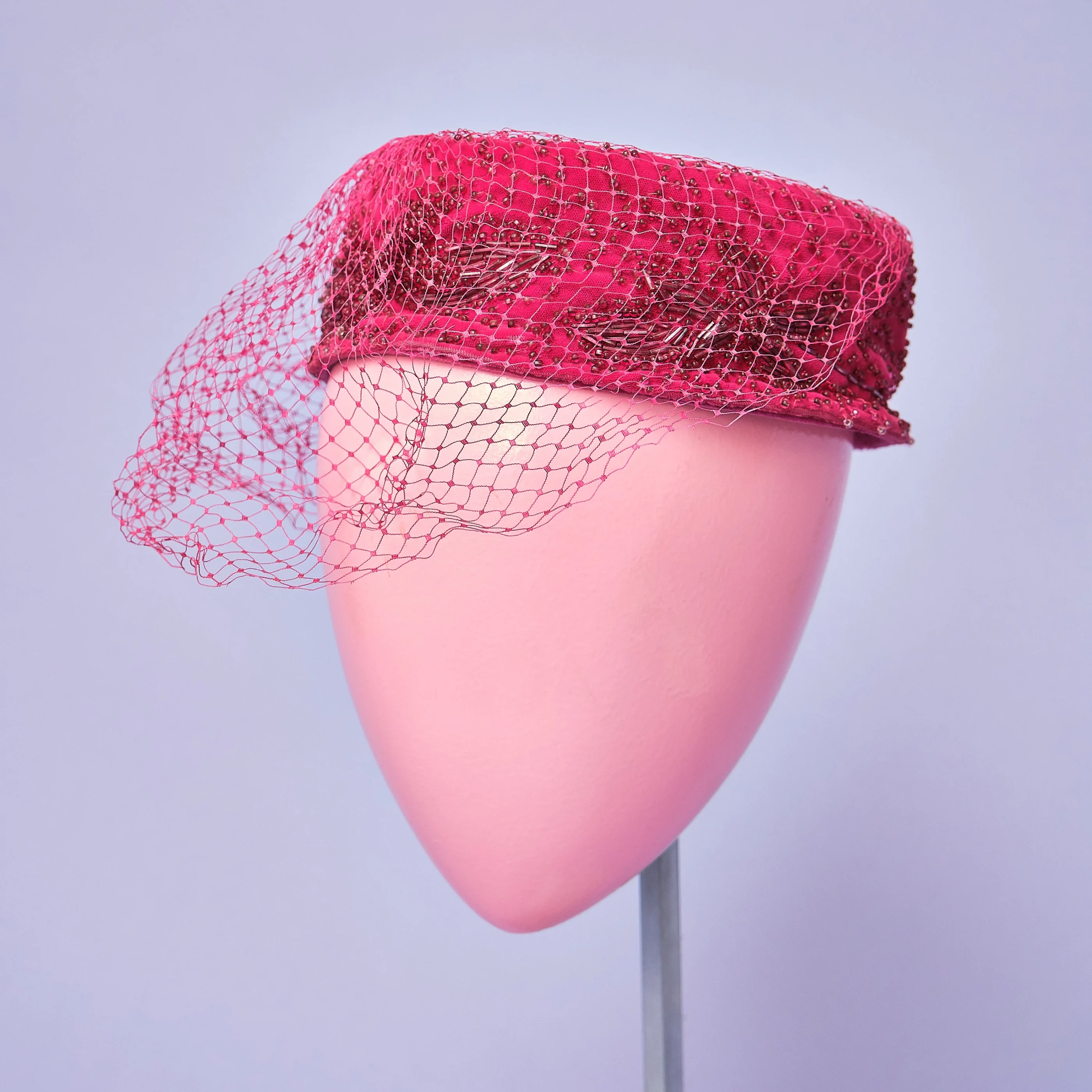 1960s Fuchsia Crushed Silk Velvet Glass-Beaded Pillbox Hat with Veil - Image 7