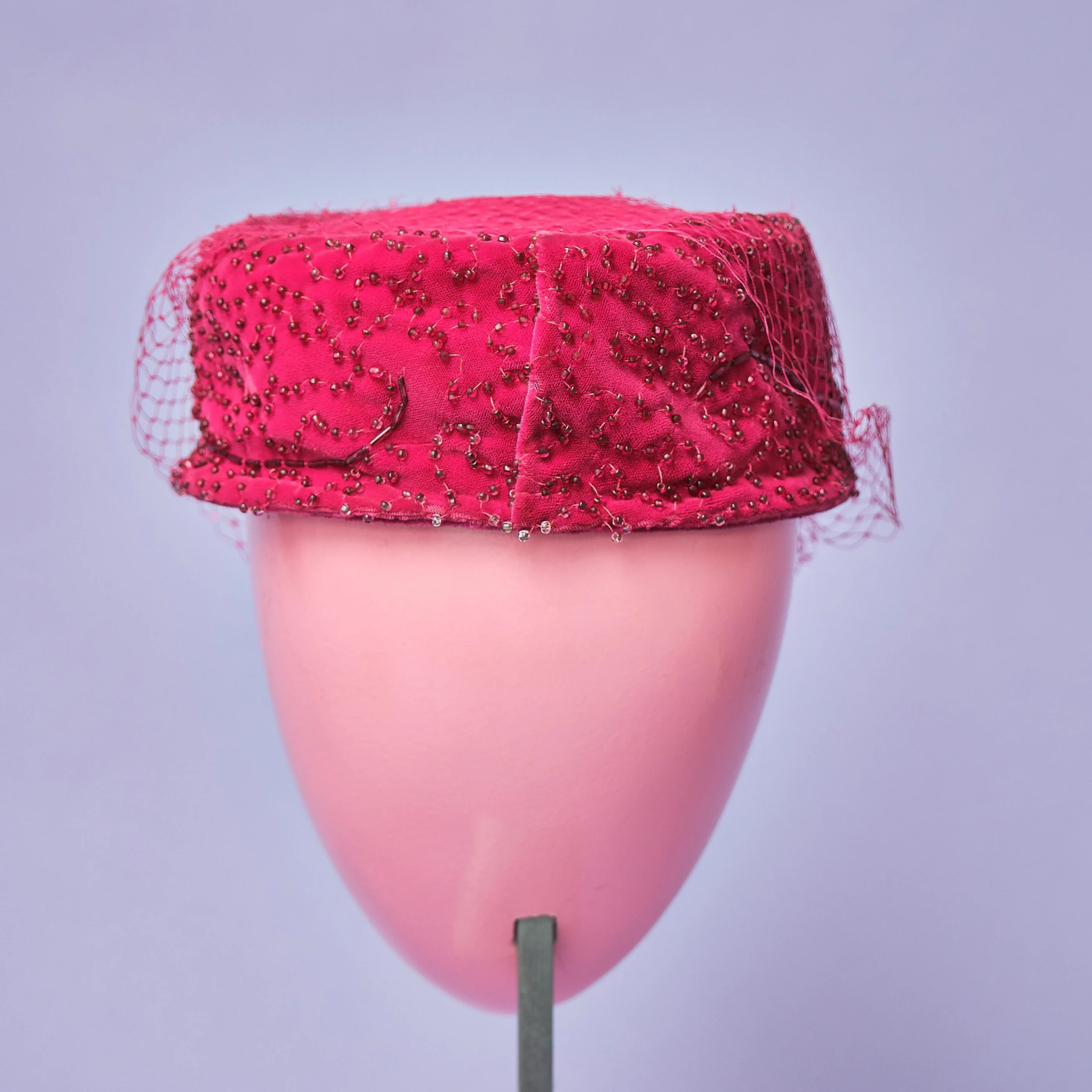 1960s Fuchsia Crushed Silk Velvet Glass-Beaded Pillbox Hat with Veil - Image 6