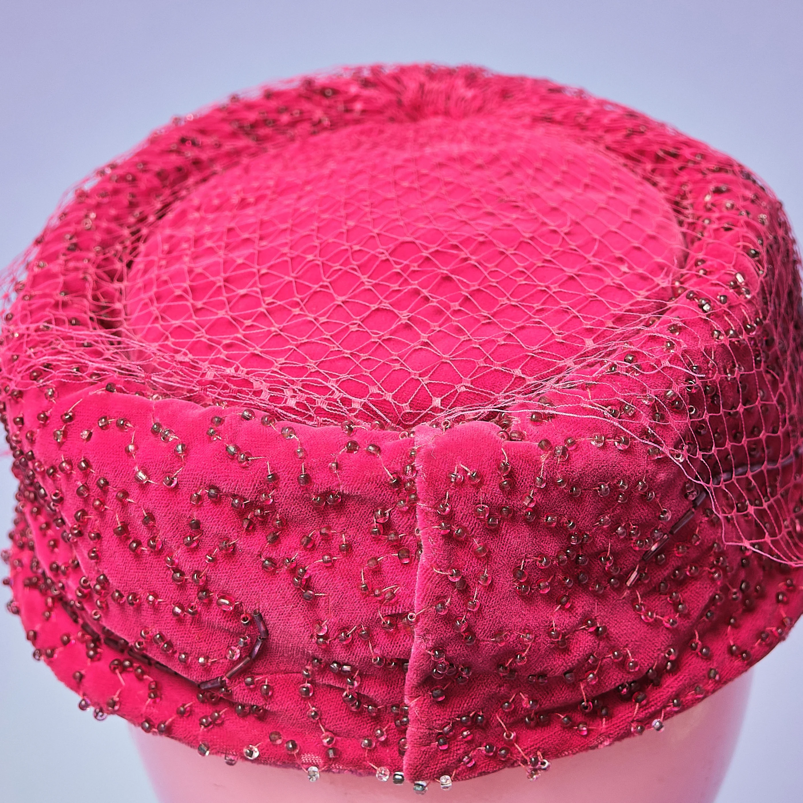 1960s Fuchsia Crushed Silk Velvet Glass-Beaded Pillbox Hat with Veil - Image 5
