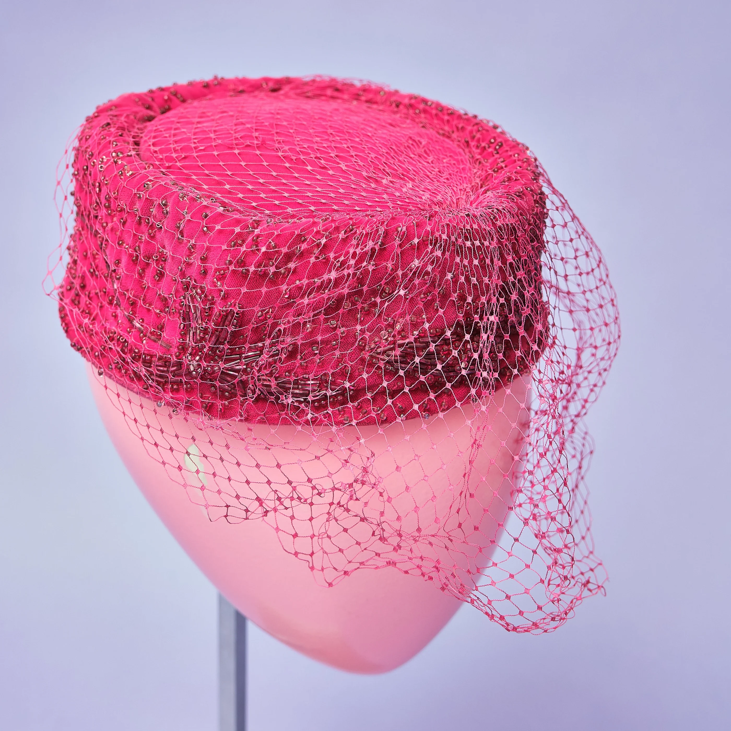 1960s Fuchsia Crushed Silk Velvet Glass-Beaded Pillbox Hat with Veil - Image 4