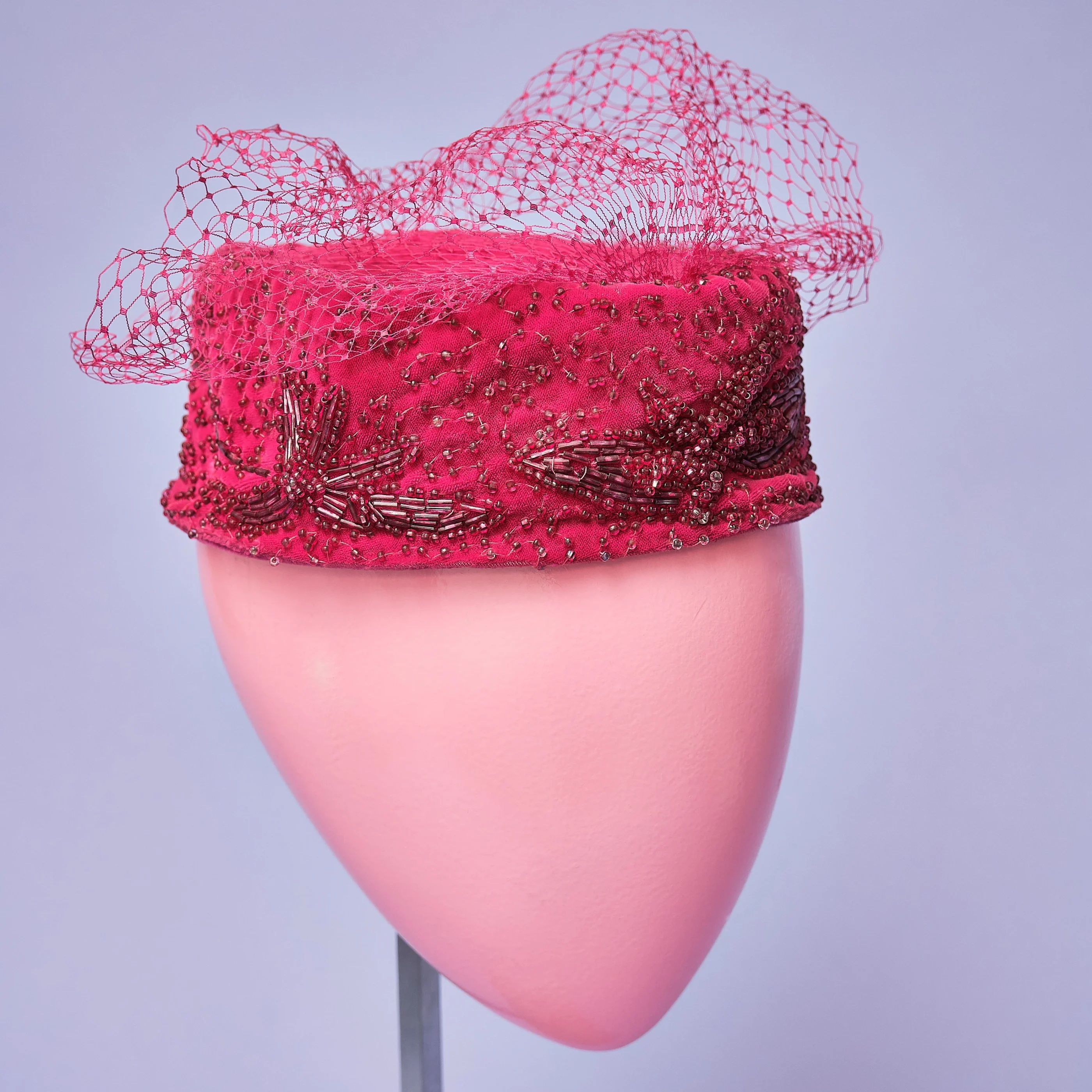 1960s Fuchsia Crushed Silk Velvet Glass-Beaded Pillbox Hat with Veil - Image 3