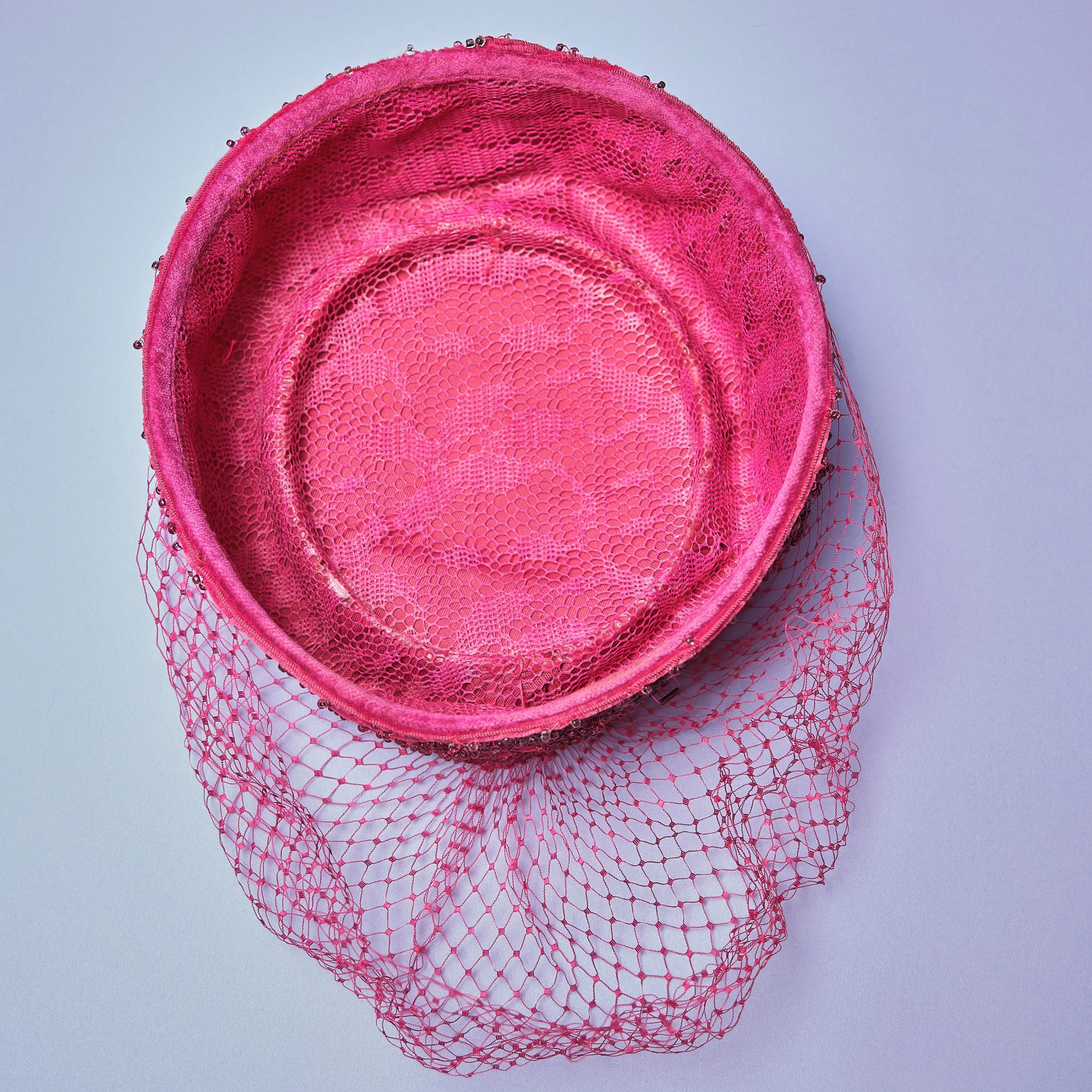 1960s Fuchsia Crushed Silk Velvet Glass-Beaded Pillbox Hat with Veil - Image 2