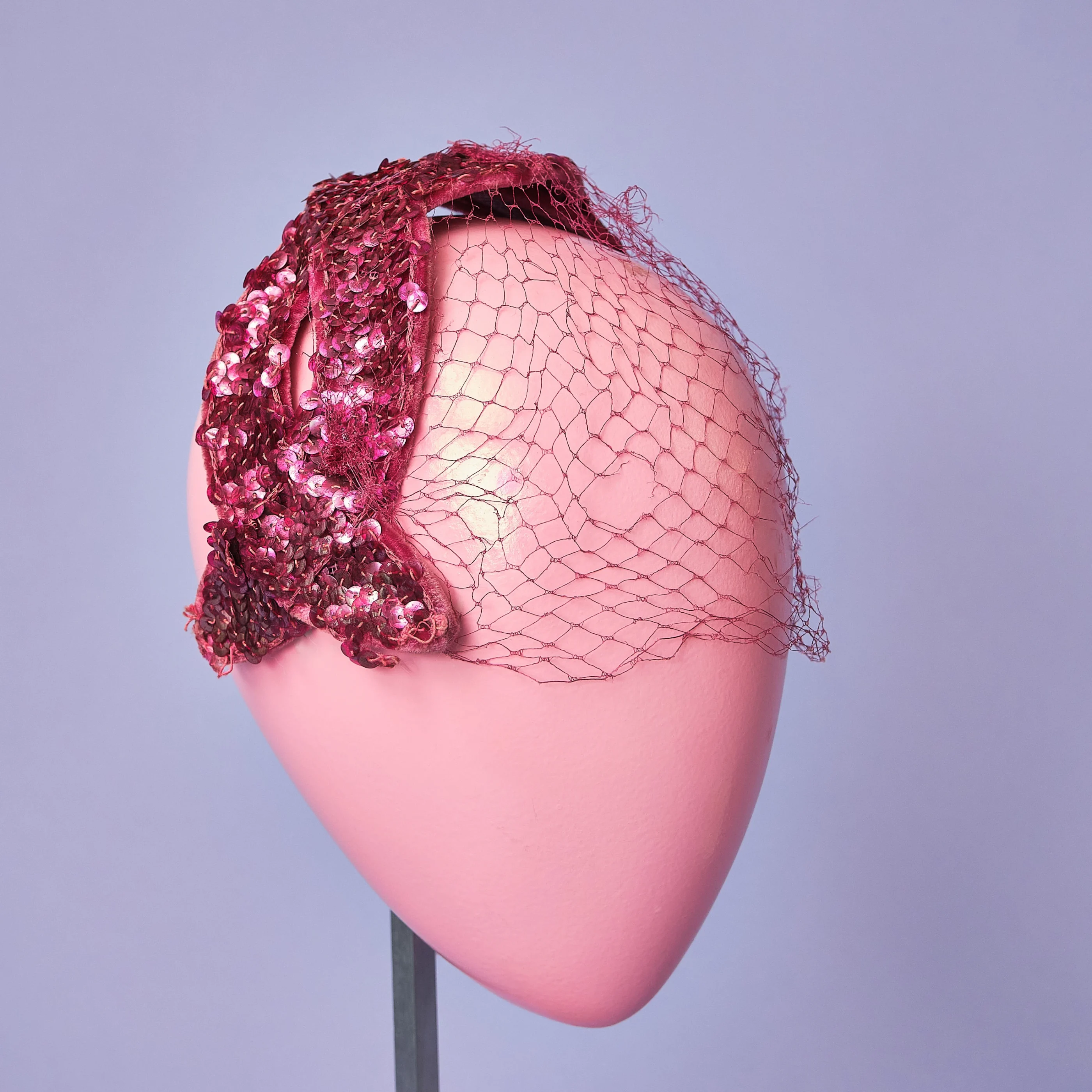 1950s Fuchsia Crushed Silk Velvet Sequin Half Hat with Veil