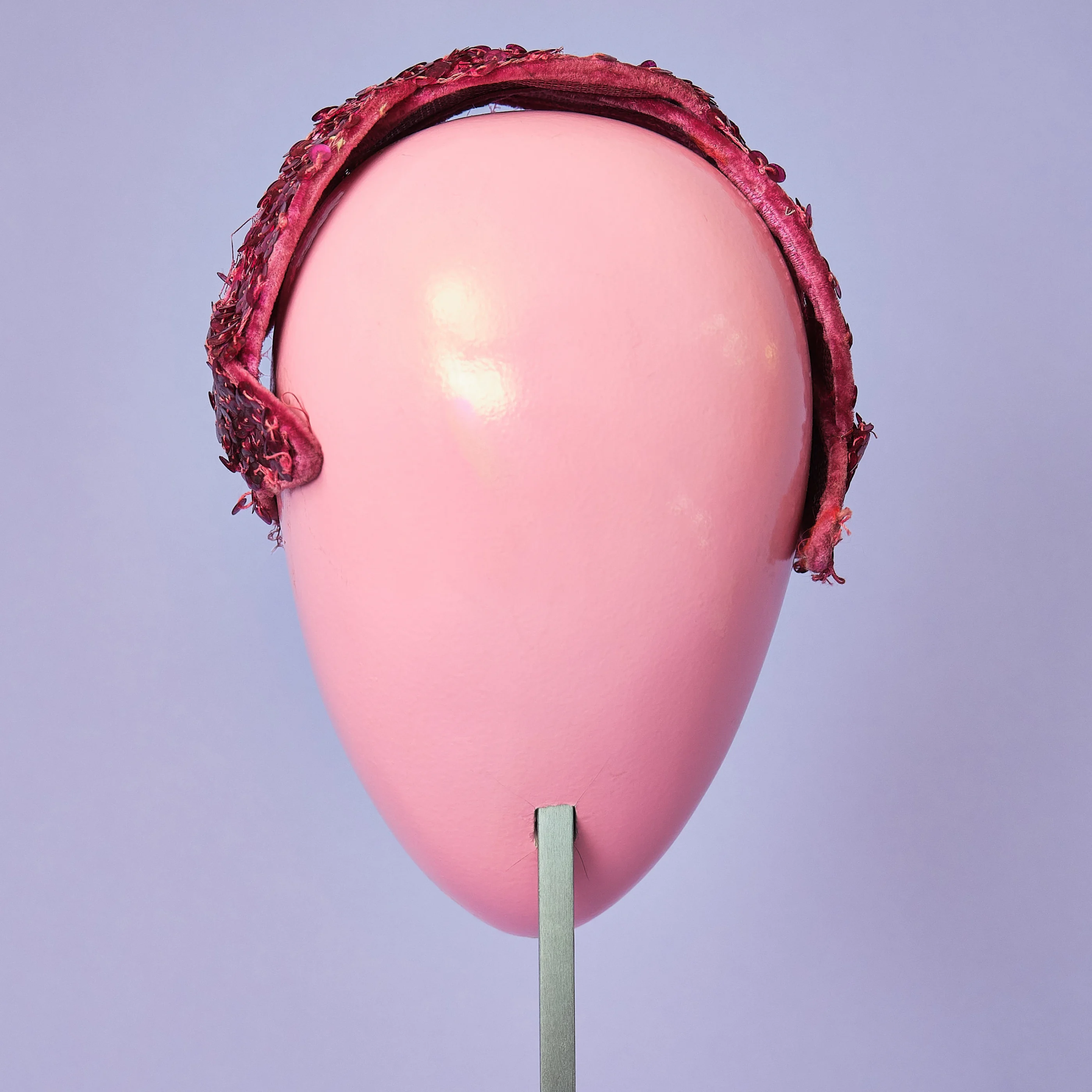 1950s Fuchsia Crushed Silk Velvet Sequin Half Hat with Veil - Image 6
