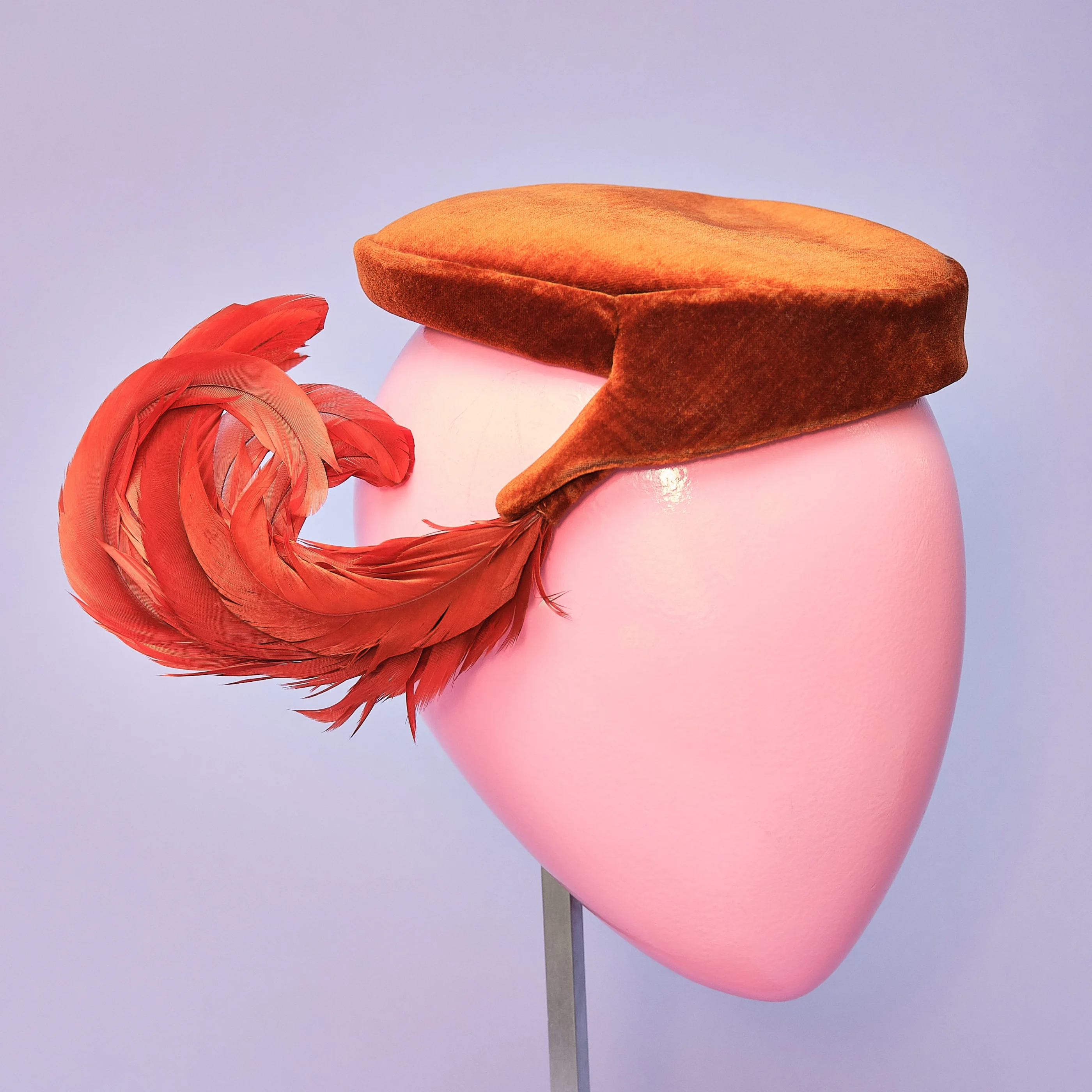 1940s/50s Mr. Arnold Burnt Orange Silk Velvet Feather Tilt Hat, Size XS/S