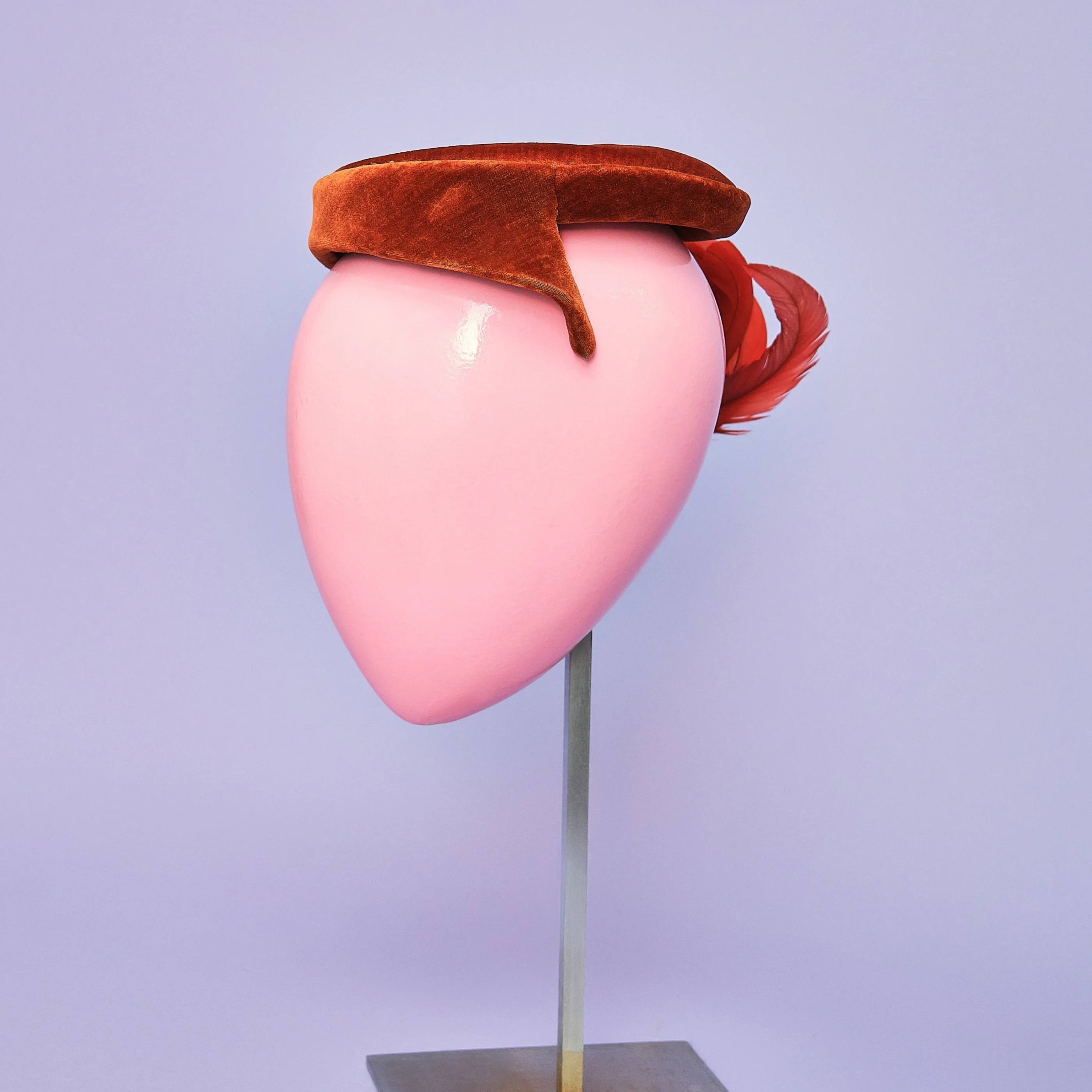 1940s/50s Mr. Arnold Burnt Orange Silk Velvet Feather Tilt Hat, Size XS/S - Image 6