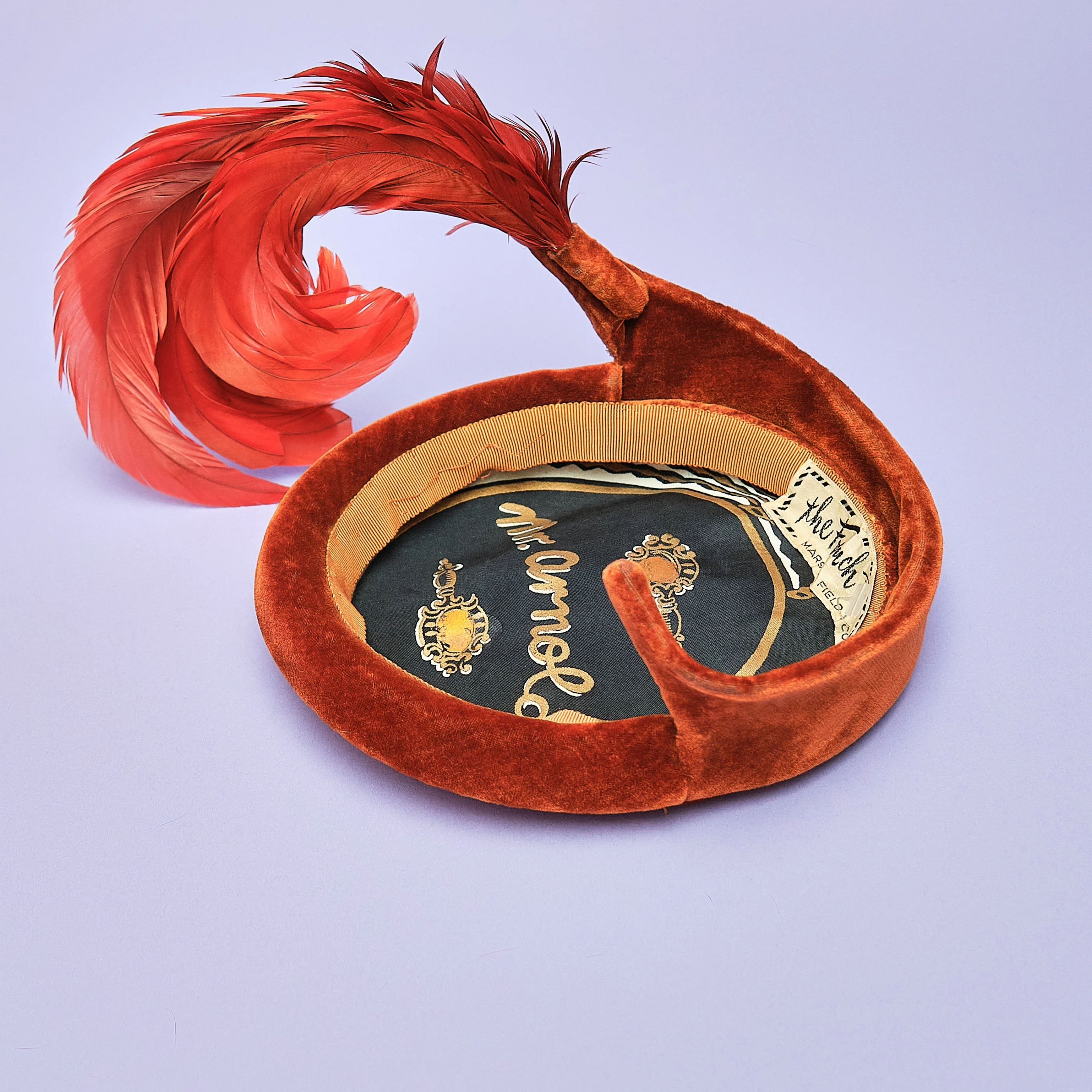 1940s/50s Mr. Arnold Burnt Orange Silk Velvet Feather Tilt Hat, Size XS/S - Image 3