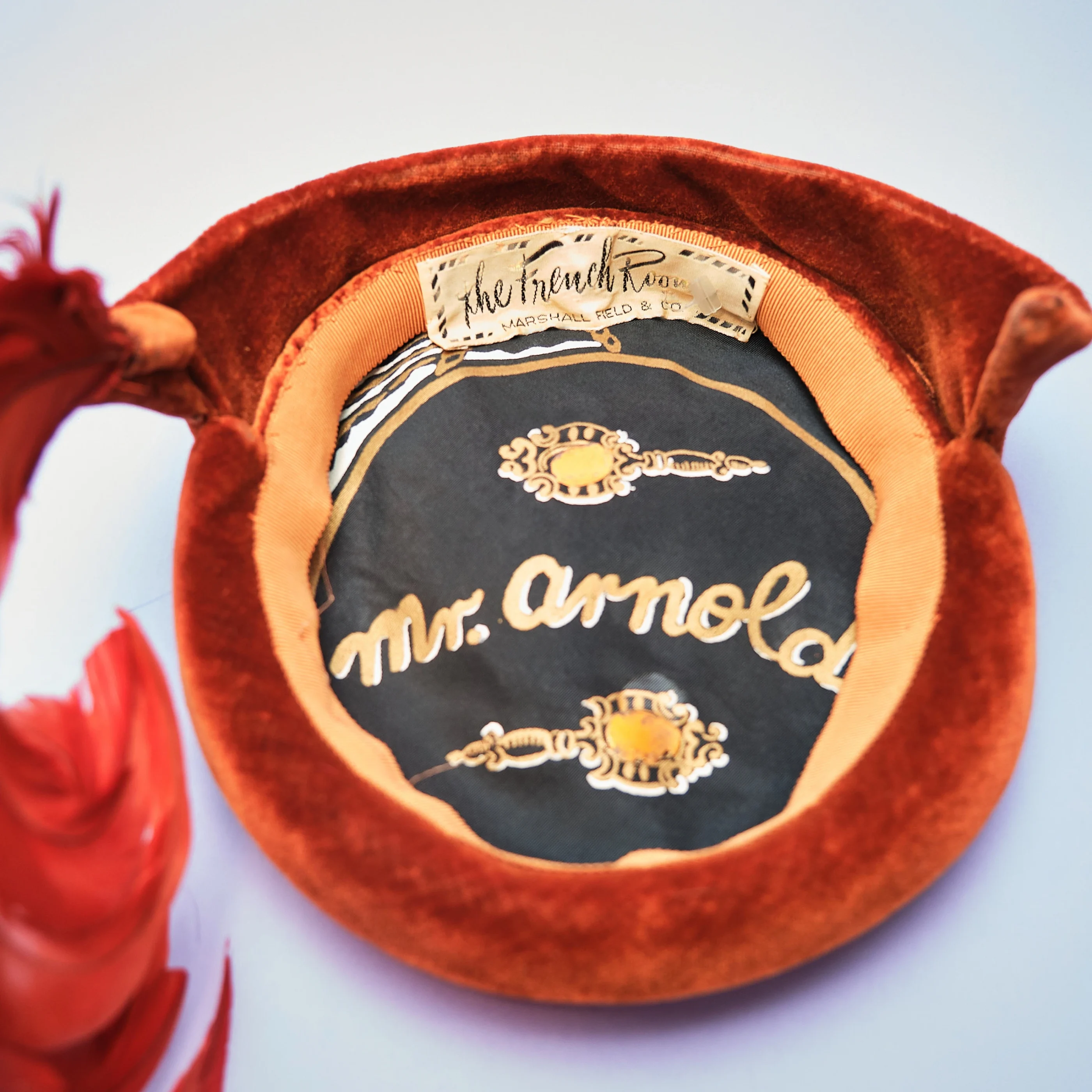 1940s/50s Mr. Arnold Burnt Orange Silk Velvet Feather Tilt Hat, Size XS/S - Image 2