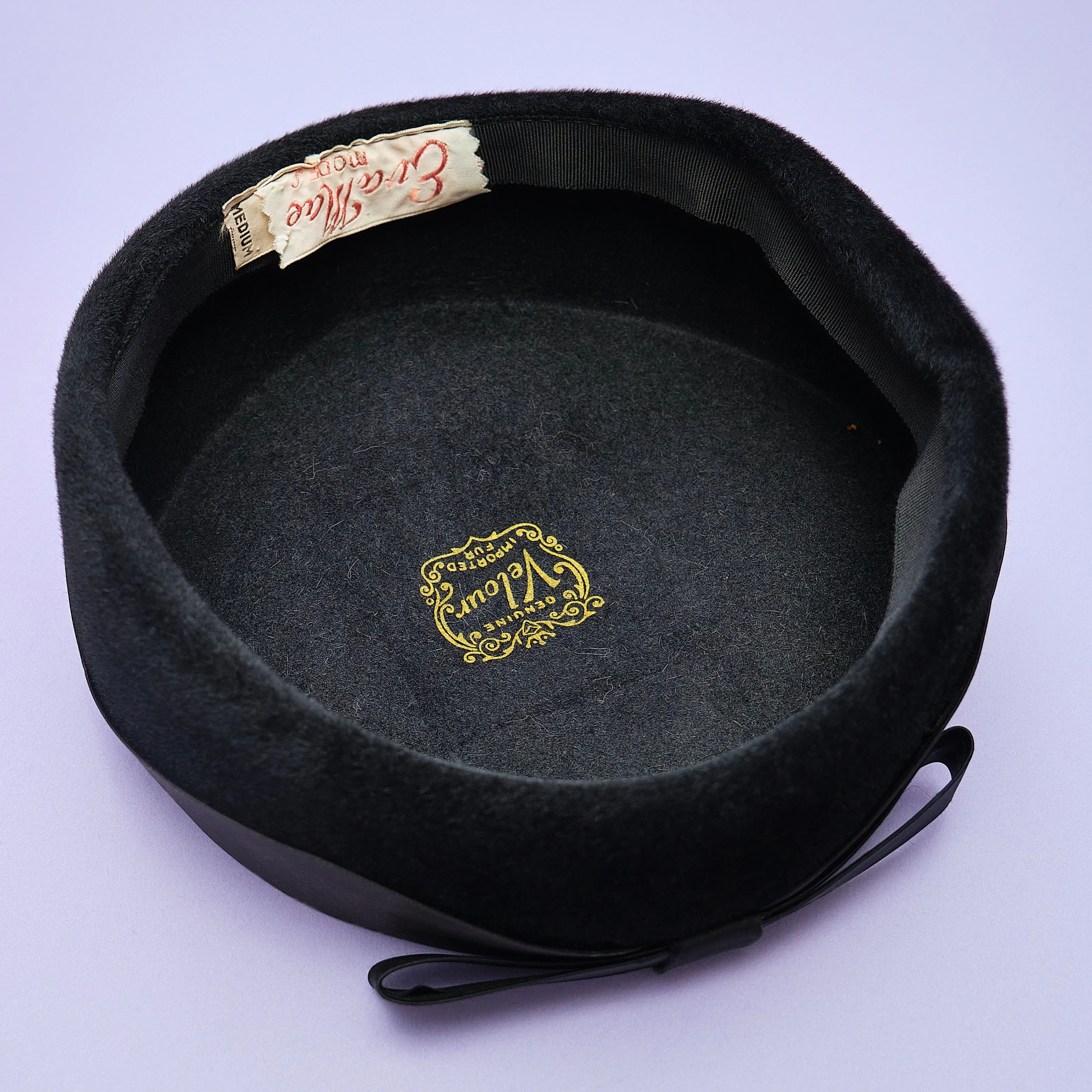 1960s Eva Mae Modes Black Fur Velour Pillbox Hat with Bow, Modern Hat Size M - Image 2