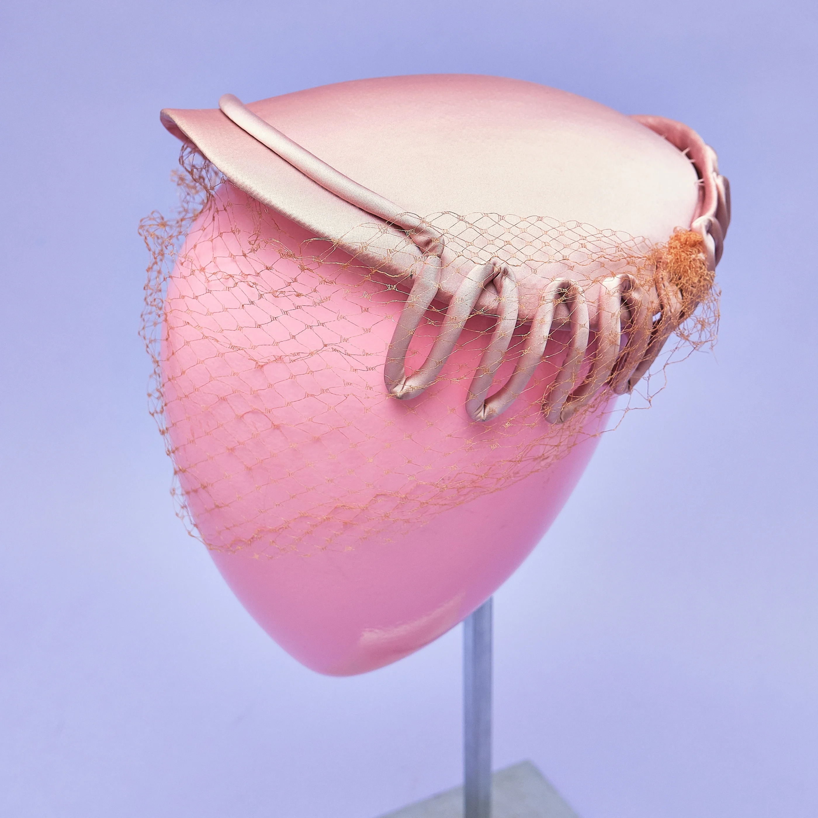 1950s Maxine Hats Blush Pink Satin Half Hat with Loop Trim and Silk Net Veil, Modern Hat Size S/M - Image 9
