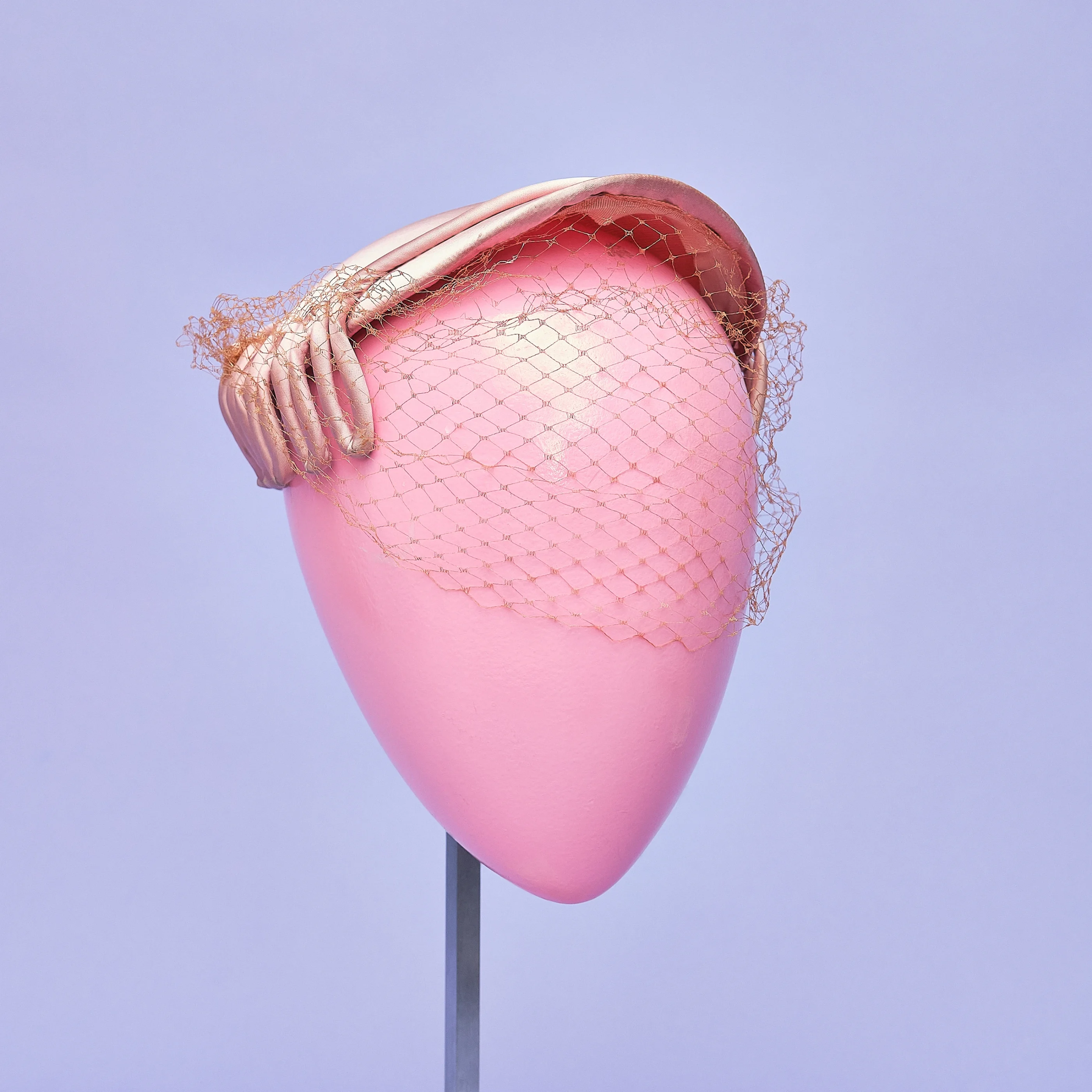 1950s Maxine Hats Blush Pink Satin Half Hat with Loop Trim and Silk Net Veil, Modern Hat Size S/M - Image 5