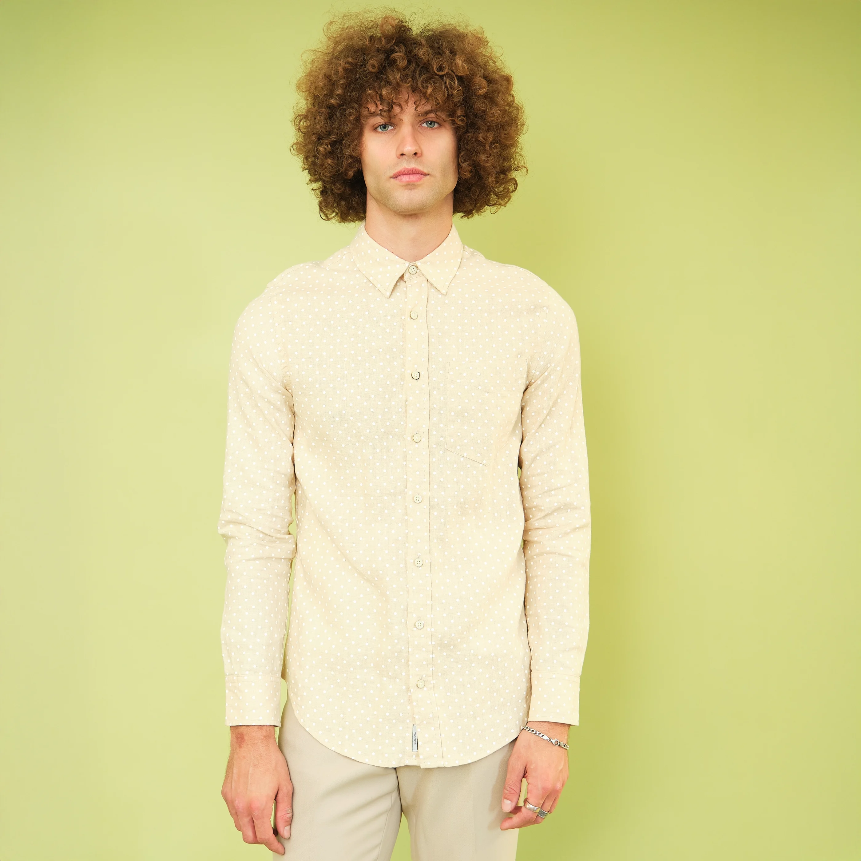 Contemporary Beige Polka Dot Long Sleeve Button-Up Shirt – Modern Men’s M