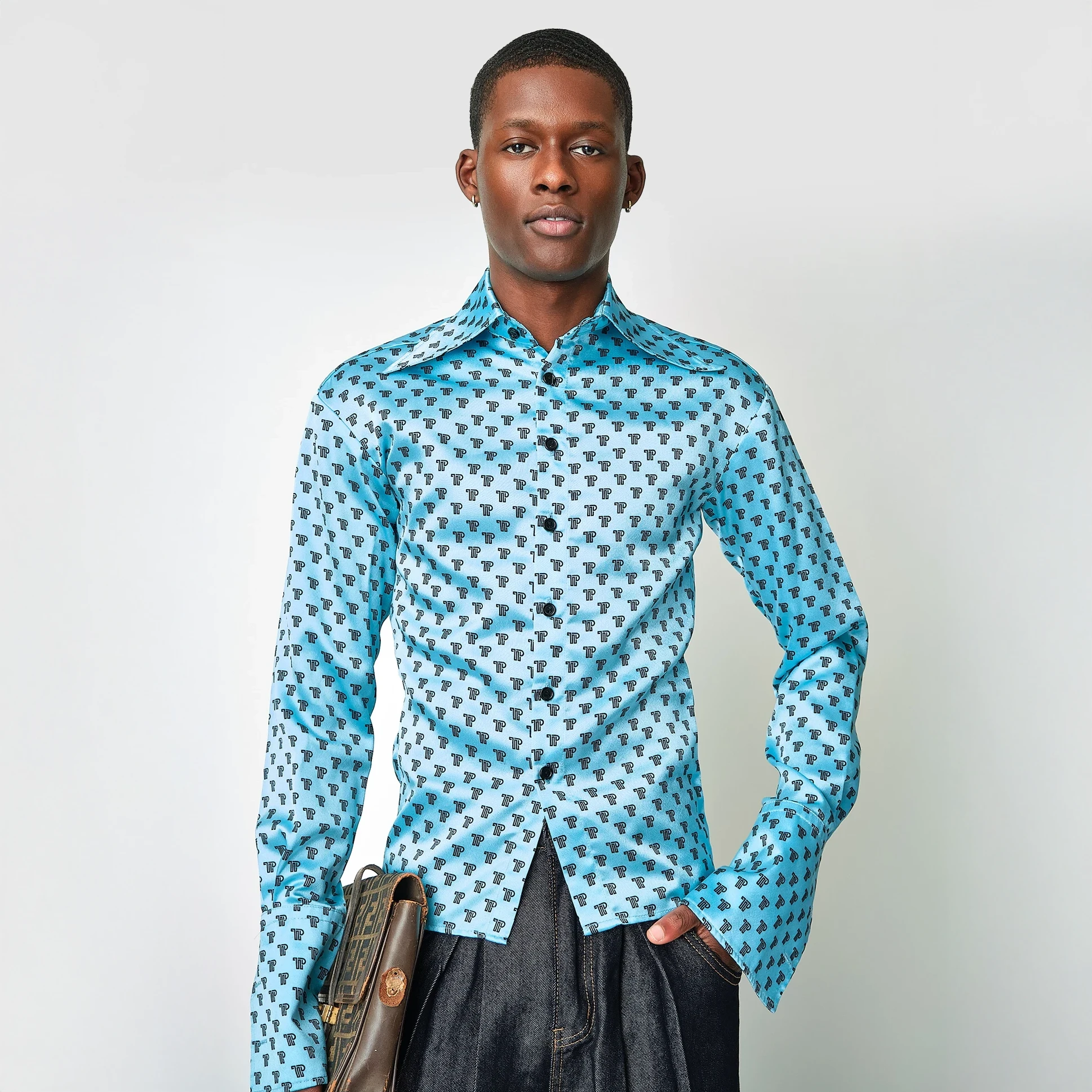 1970s Turquoise TP Monogram Dagger-Collar Shirt, Modern Men’s S