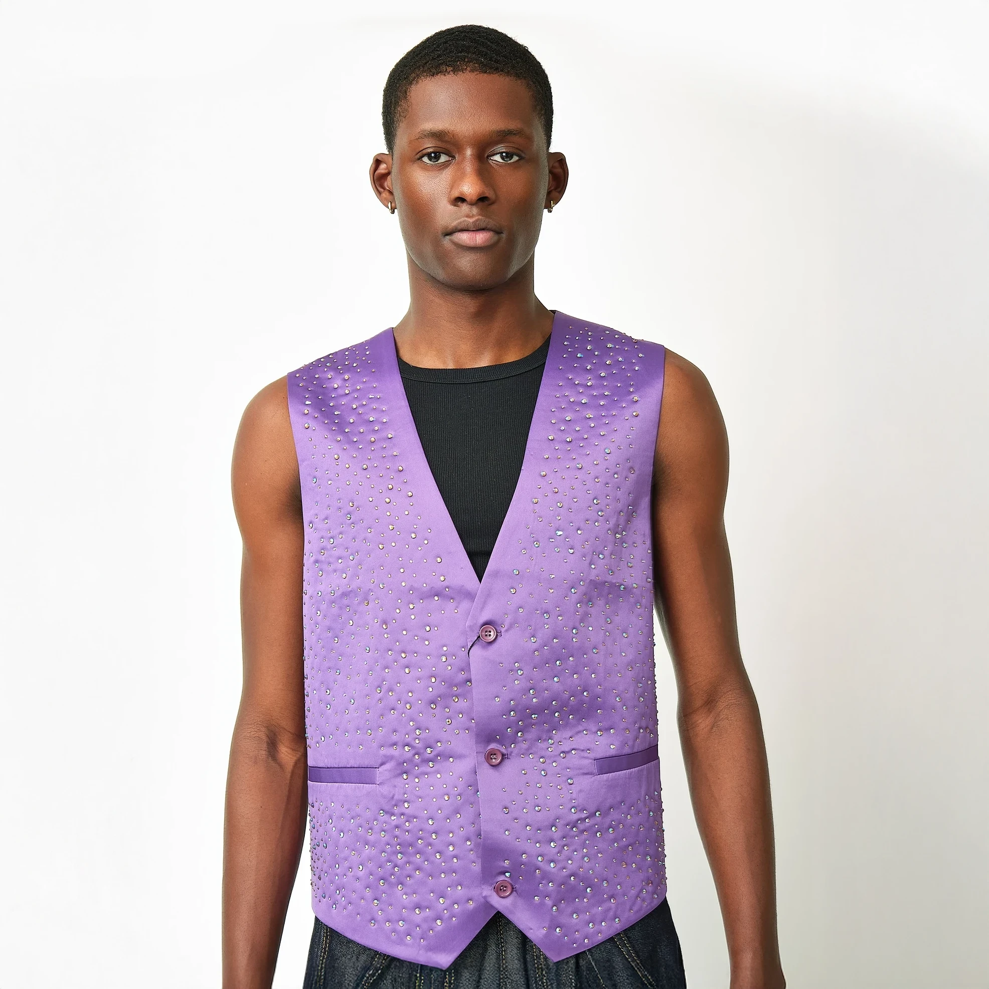 Barocco Glamour Gaze Purple Rhinestone Vest, Modern Men’s M/L