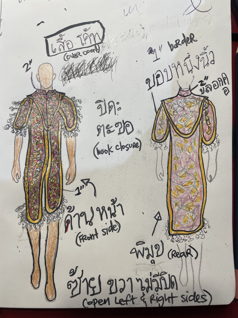Original design sketch — front and back, with color and construction notes.