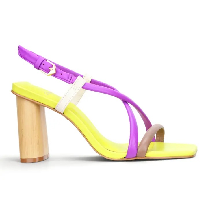 Complete side view of Carrano colorblock leather sandal with violet, cream and mocha straps, lemon footbed and wooden block heel