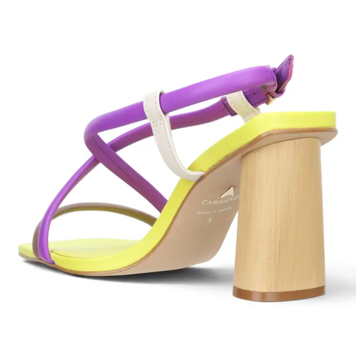 Rear view of Carrano colorblock leather sandal showing the violet buckle strap, cream strap, wooden block heel and branded sole