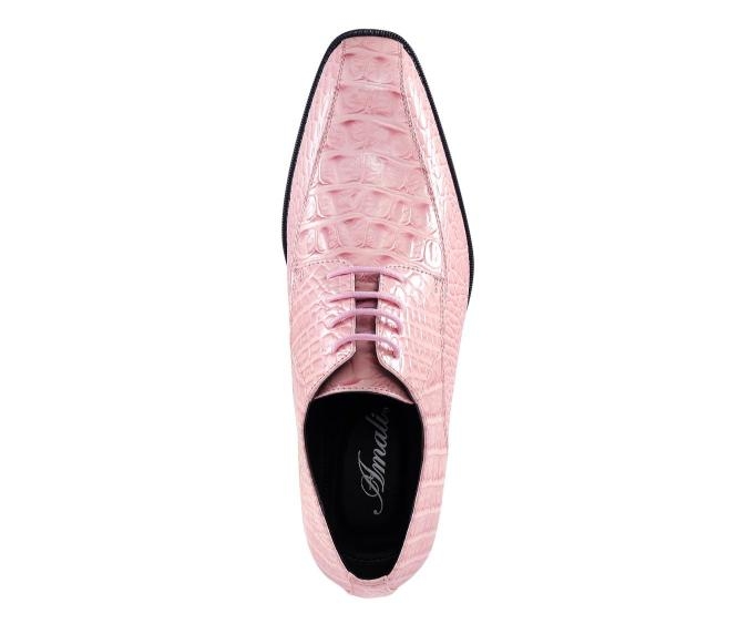 Top view of an Amali Harvey pink shoe with matching laces, a long rounded-square toe, black lining and Amali insole branding.