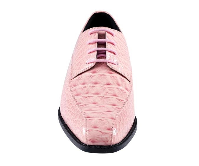 Front view of the Amali Harvey pink Oxford shoe, showing its embossed scale pattern, rounded-square toe and four-point pink lacing.