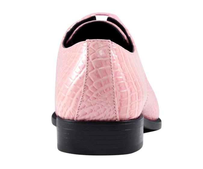 Back view of the Amali Harvey pink shoe with patterned quarters, a central stitched heel strip and dark low block heel.