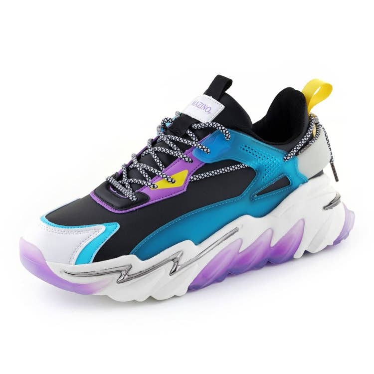Angled view of Mazino Lolite sneakers with black, teal and purple colorblocked panels, patterned black-and-white laces, yellow accents and a sculpted white sole.