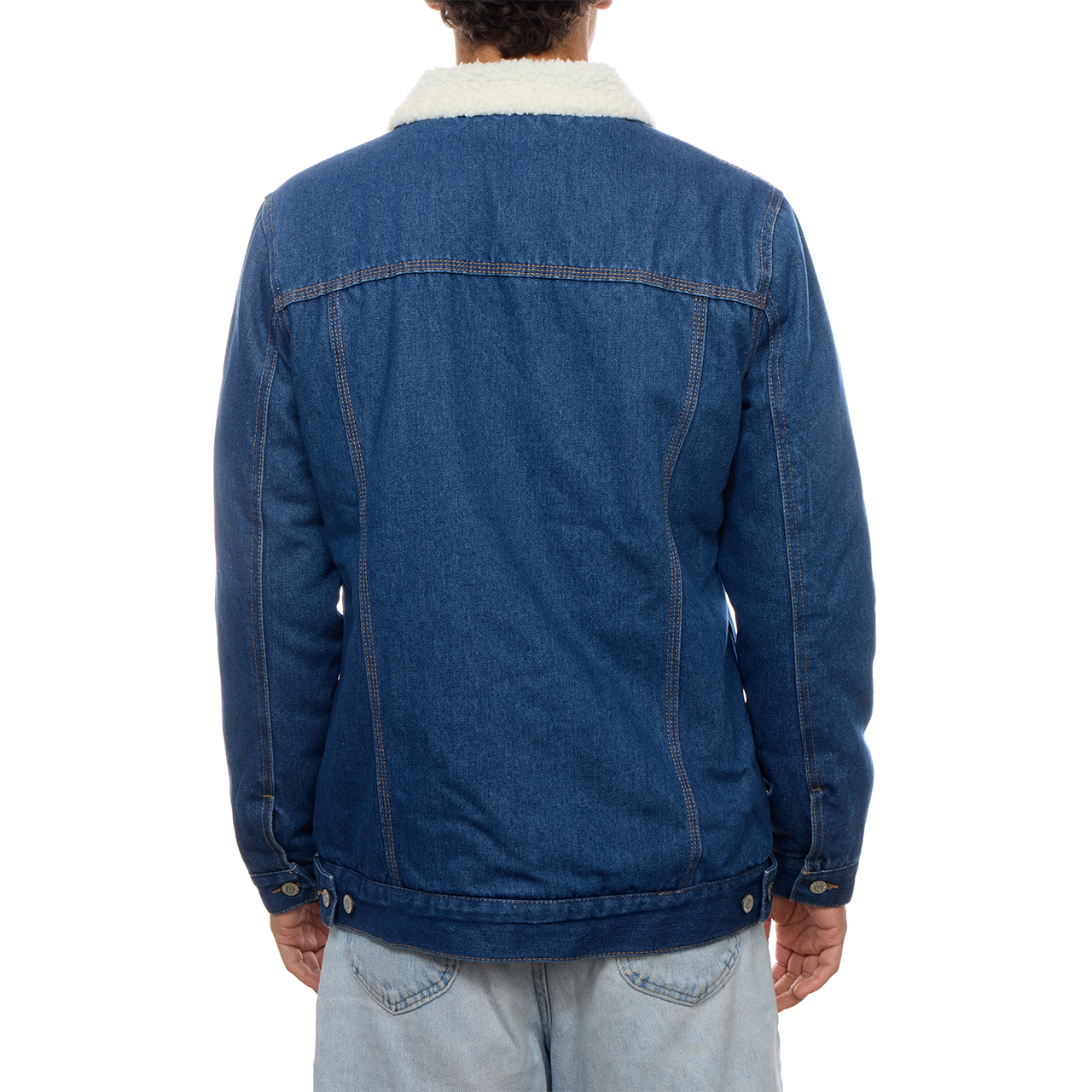 PX sherpa-lined denim trucker jacket shown from the back on a model, with its contrast collar, yoke and waist tabs visible.