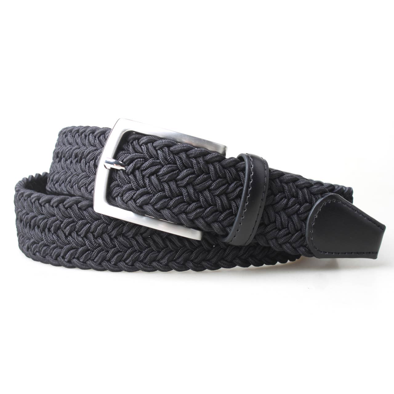 Alternate coiled view of the black PX stretch belt, with woven texture, smooth leather trim and metal buckle.